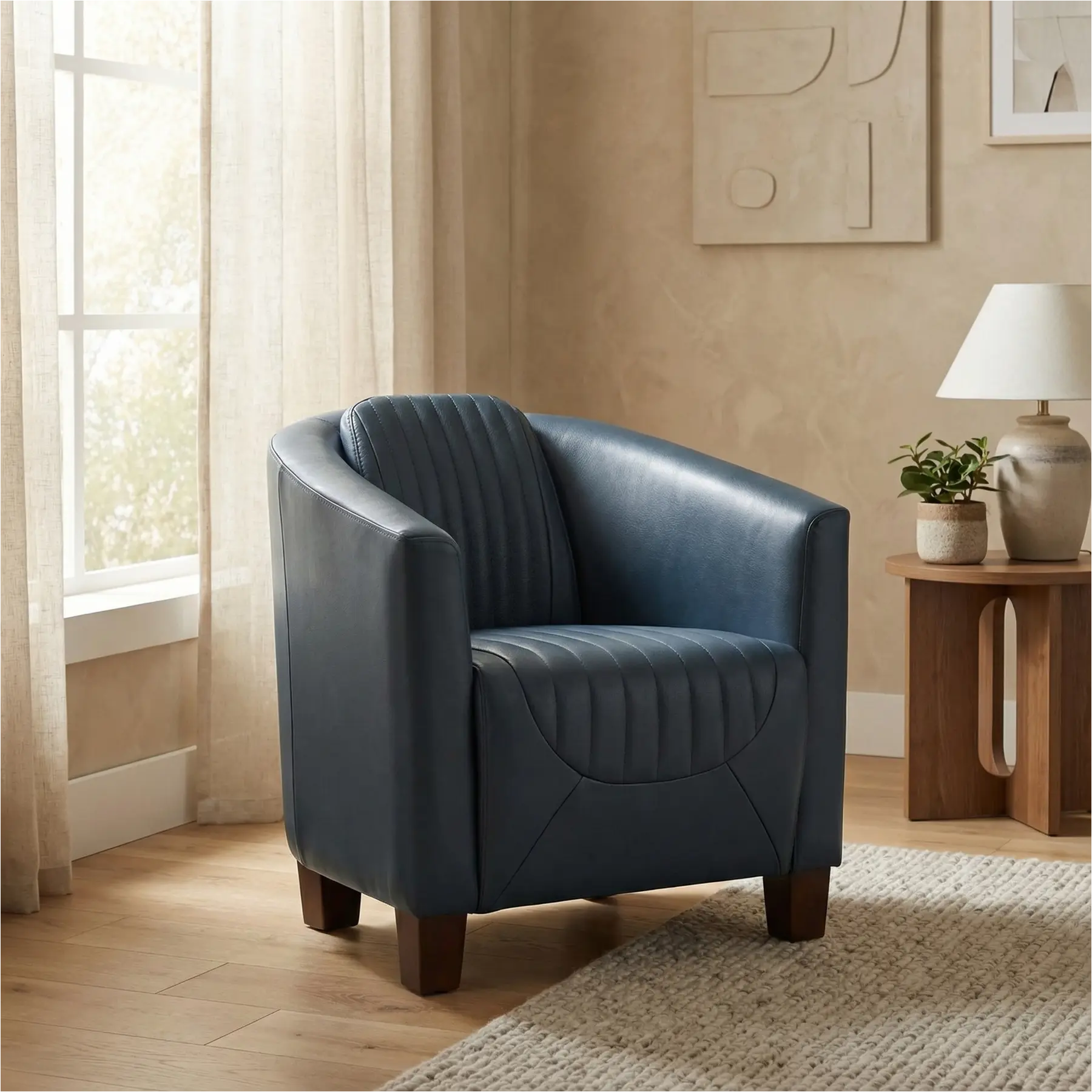 afbeelding van Leren fauteuil Press Special - Granada Blue (blauw) - Poten hout bruin