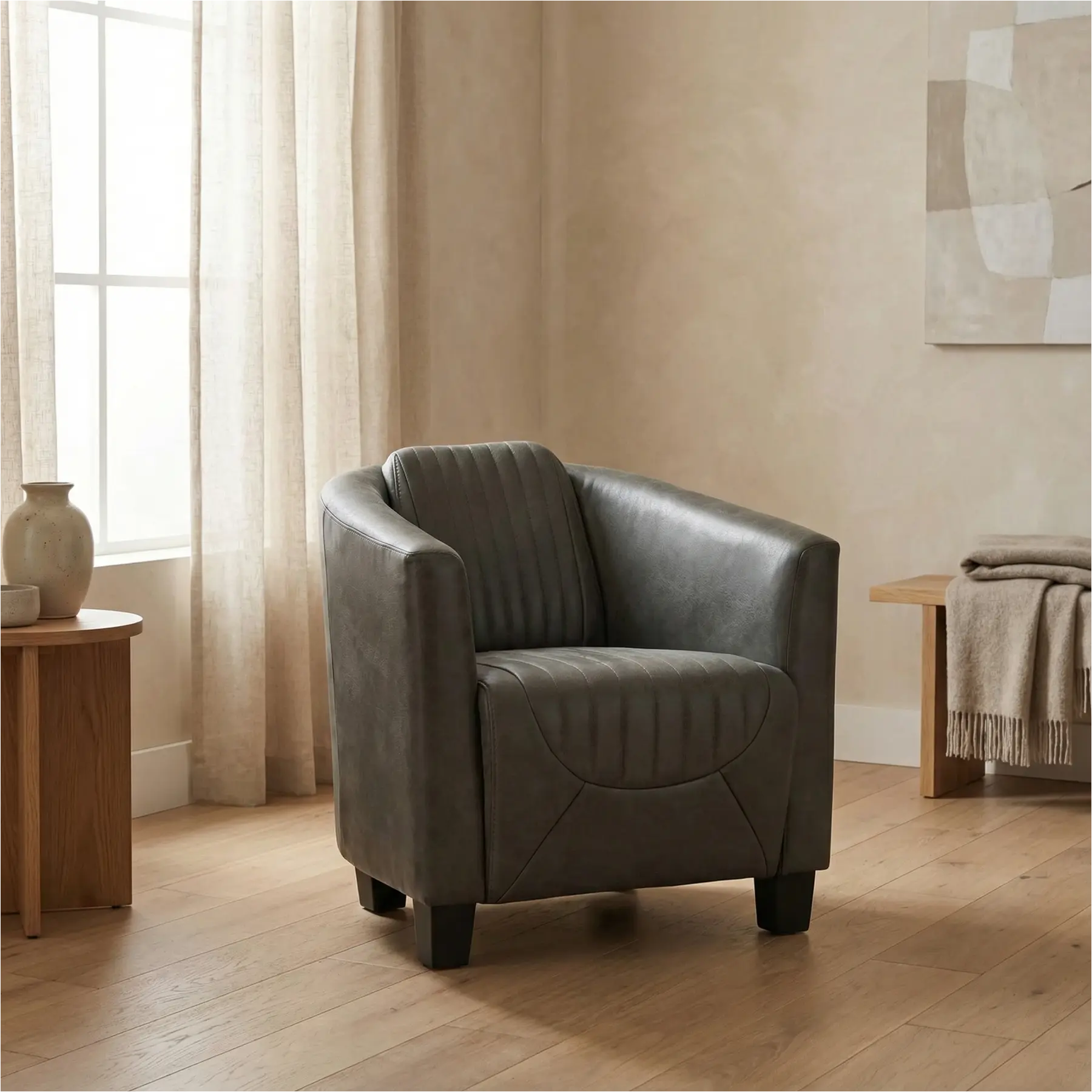 afbeelding van Leren fauteuil Press Special - Kenia Antracite (grijs) - Poten hout zwart