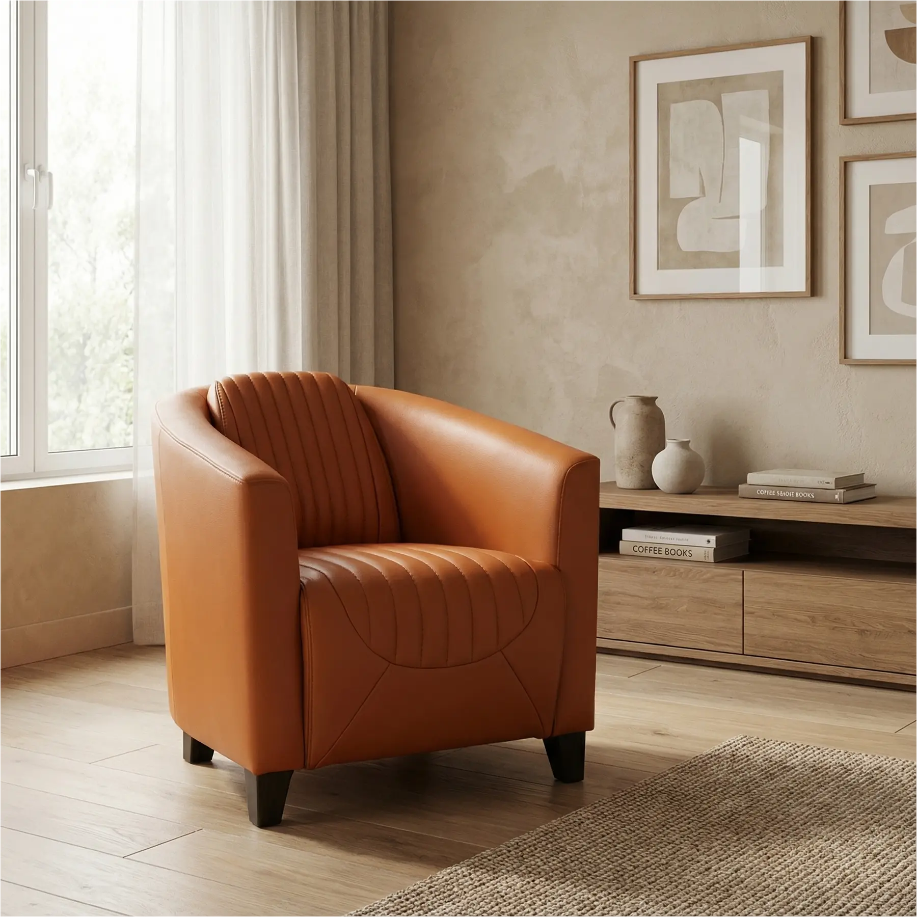 afbeelding van Leren fauteuil Press Special - Massif Amaretto (cognac) - Poten hout zwart