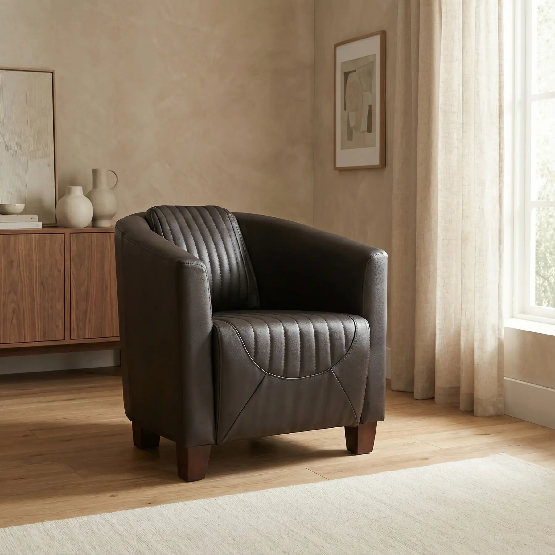 afbeelding van Leren fauteuil Press Special - Massif Marron (donkerbruin) - Poten hout bruin