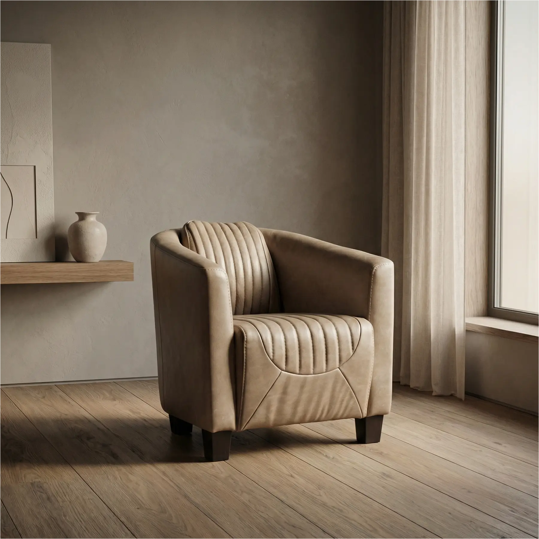 afbeelding van Leren fauteuil Press Special - Vintage Taupe (taupe/bruin) - Poten hout zwart