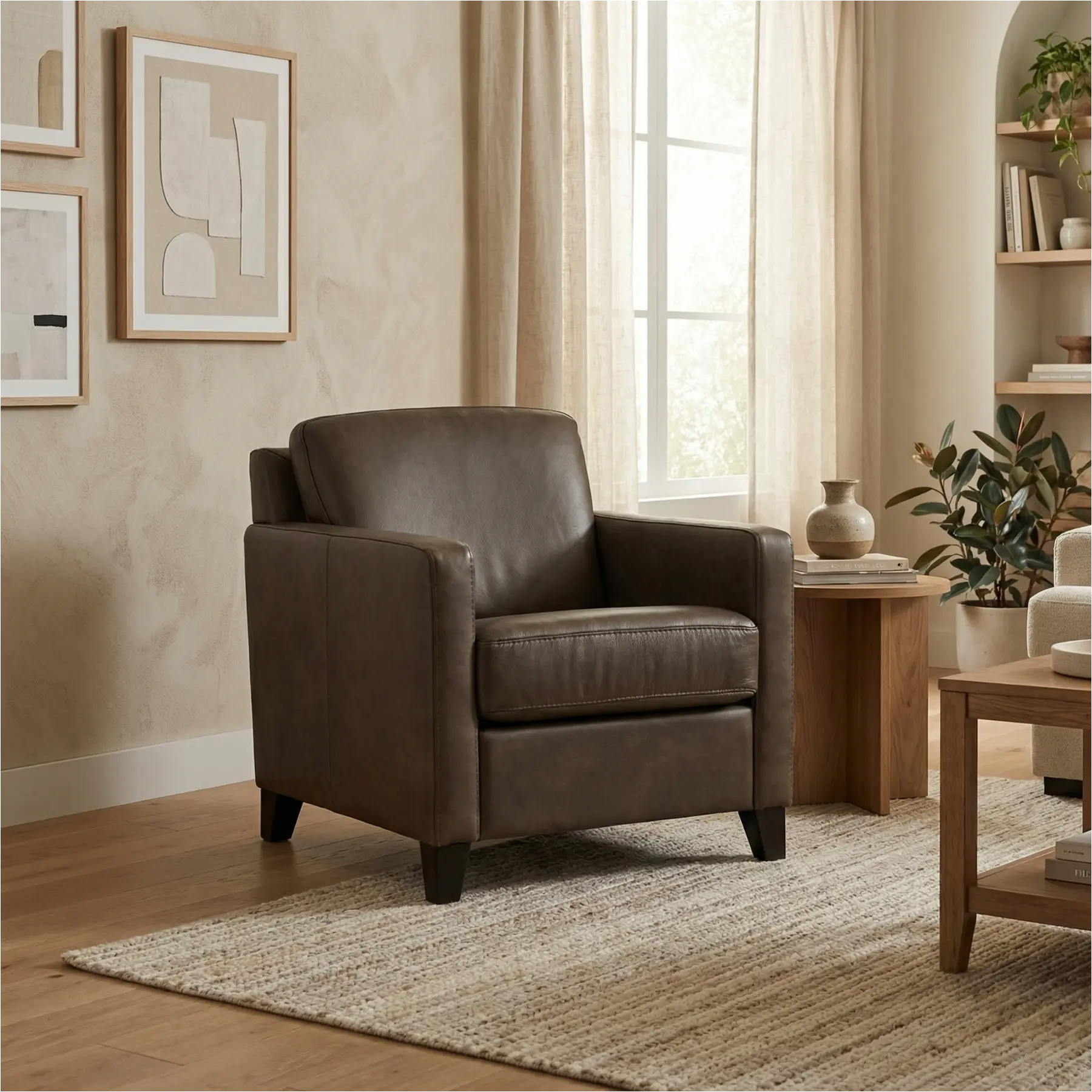 afbeelding van Leren fauteuil Smart - Granada Ash (grijs/bruin) - Poten hout zwart