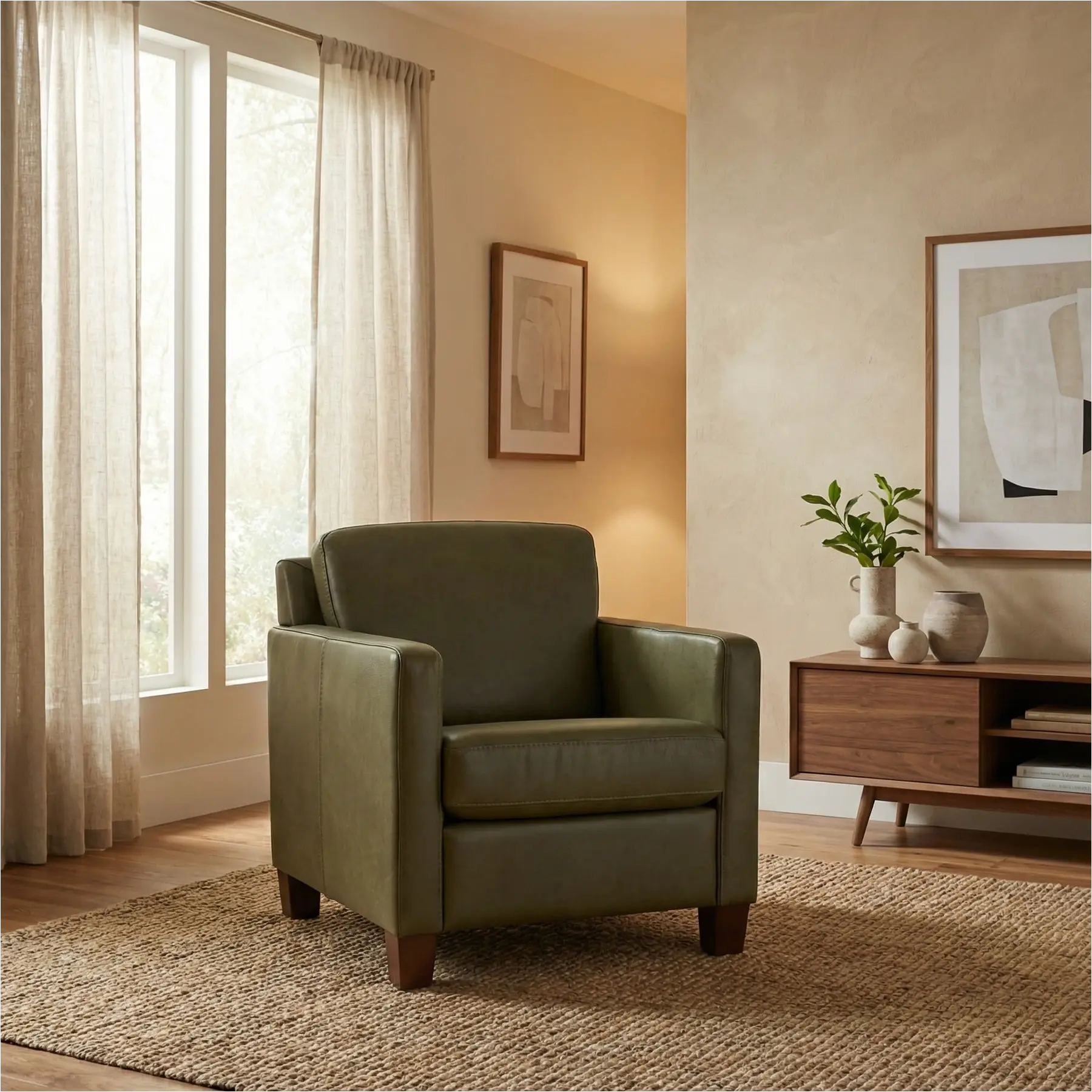 afbeelding van Leren fauteuil Smart - Granada Moss (olijf/groen) - Poten hout bruin