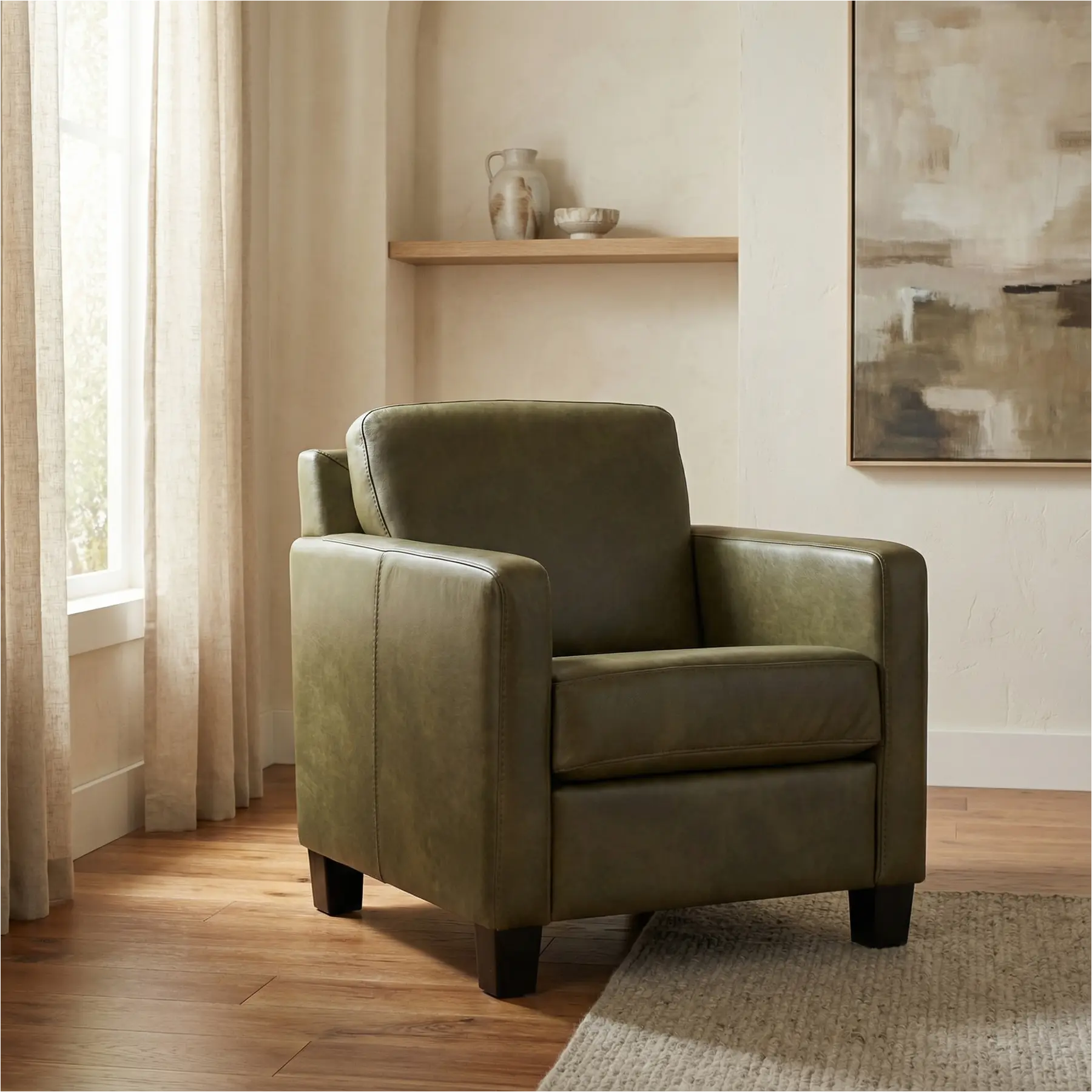 afbeelding van Leren fauteuil Smart - Granada Moss (olijf/groen) - Poten hout zwart