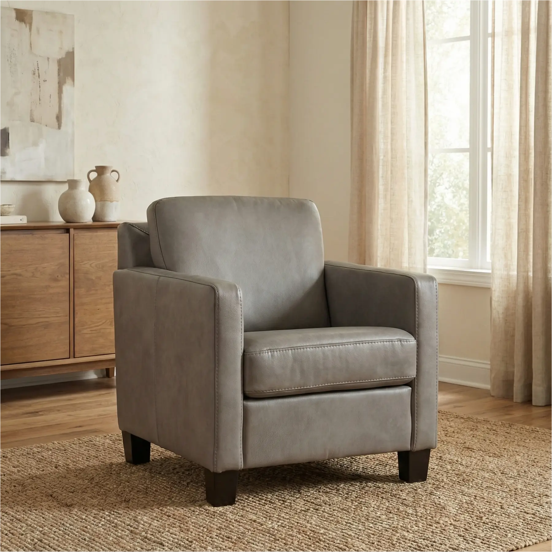 afbeelding van Leren fauteuil Smart - Granada Steel (grijs) - Poten hout zwart