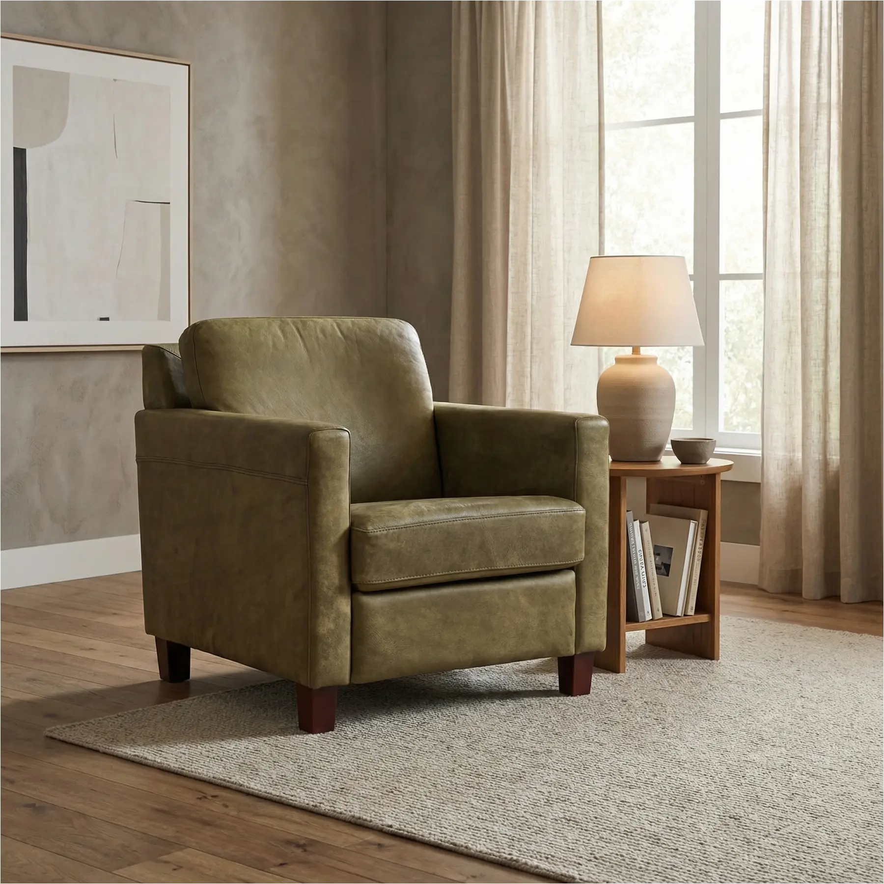 afbeelding van Leren fauteuil Smart - Kenia Olive (olijf) - Poten hout bruin