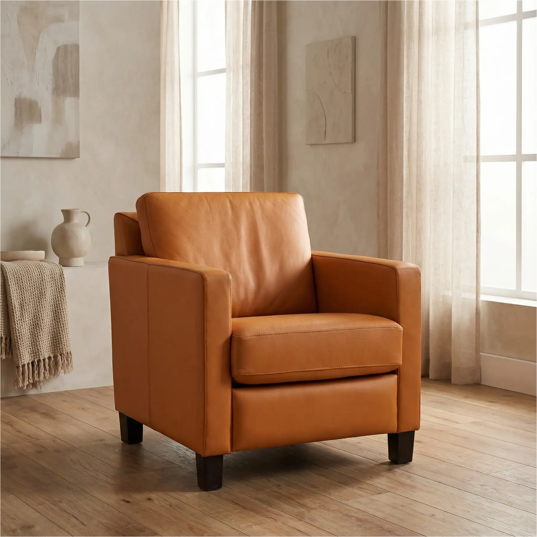 afbeelding van Leren fauteuil Smart - Toledo Sabbia (lichtcognac) - Poten hout bruin