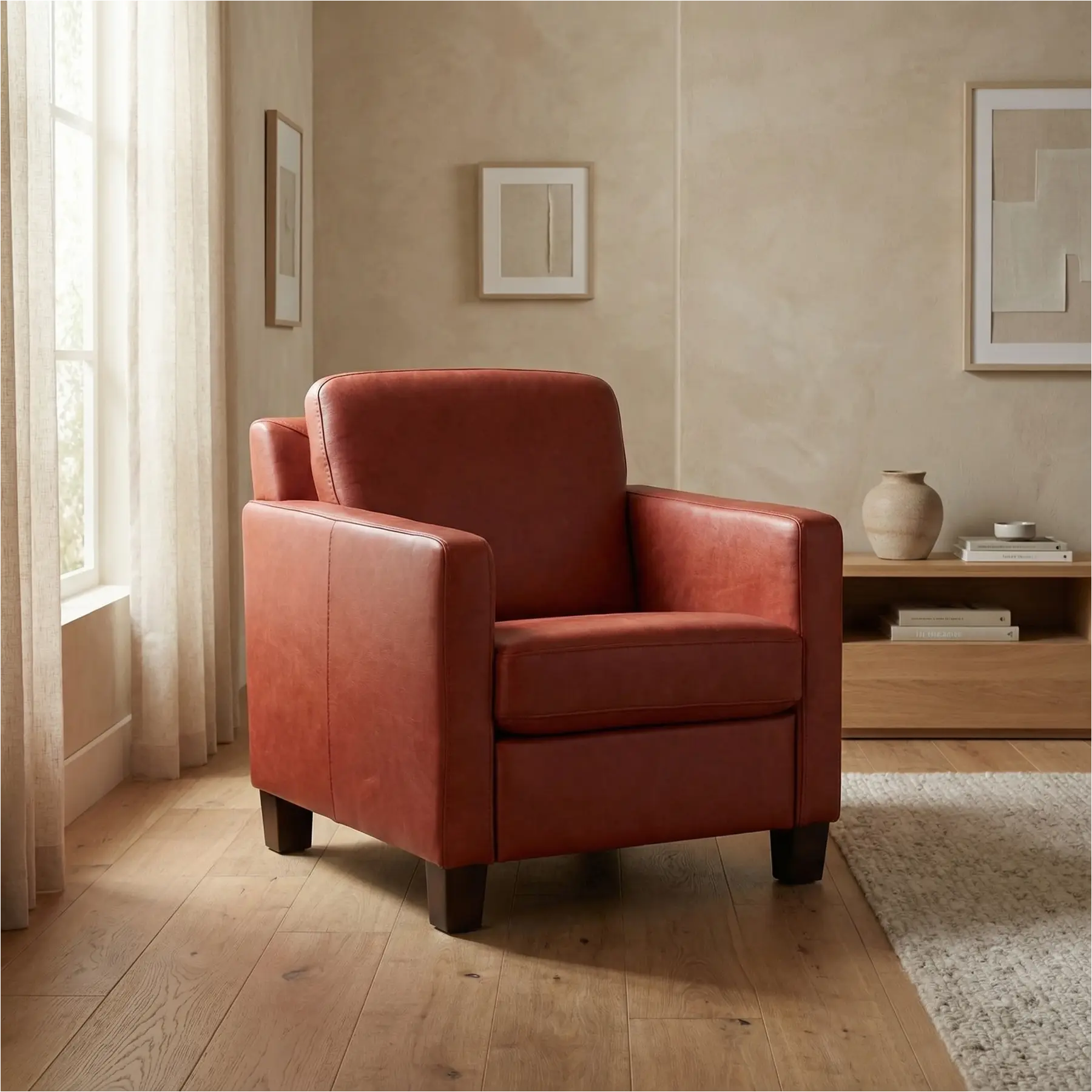 afbeelding van Leren fauteuil Smart - Vintage Burgundy (rood) - Poten hout bruin