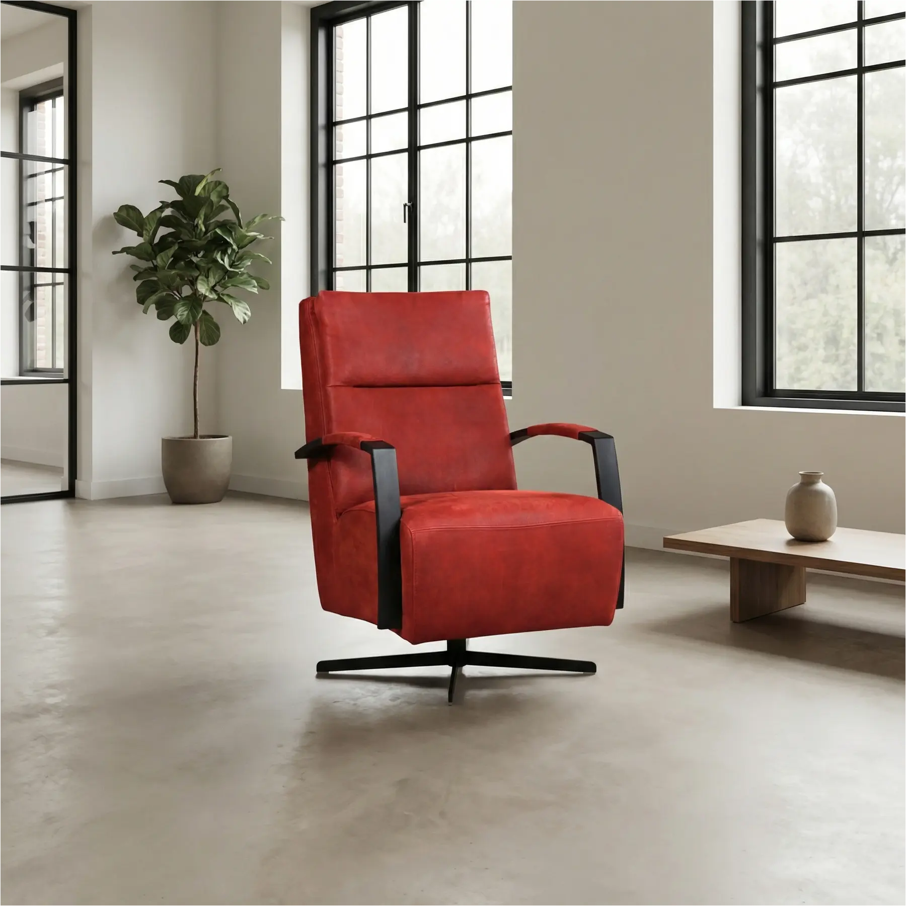afbeelding van Set van 2 Leren draaifauteuils Award - Kenia Burgundy (rood) - Stervoet zwart