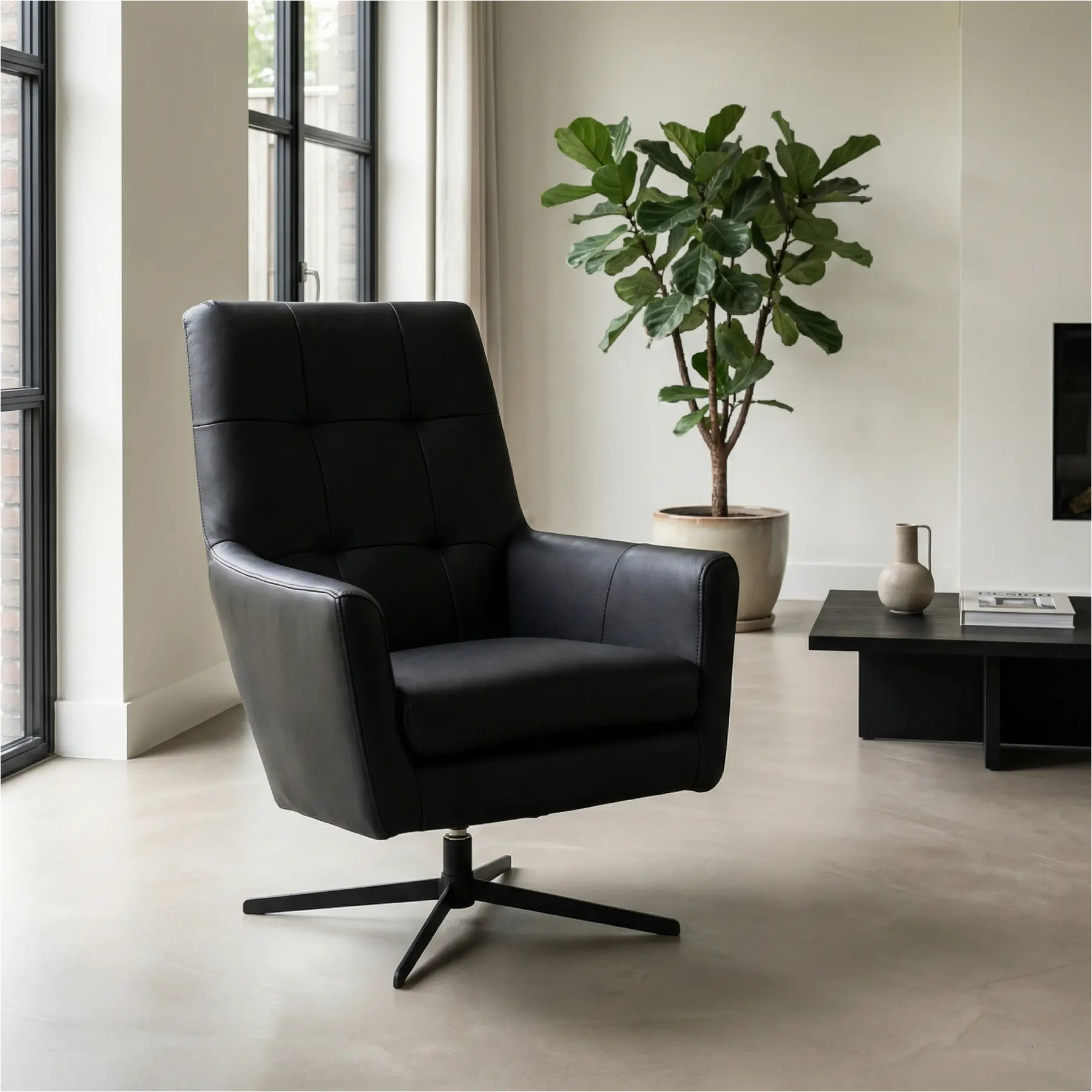 afbeelding van Set van 2 Leren draaifauteuils Central - Hermes Nero (zwart)