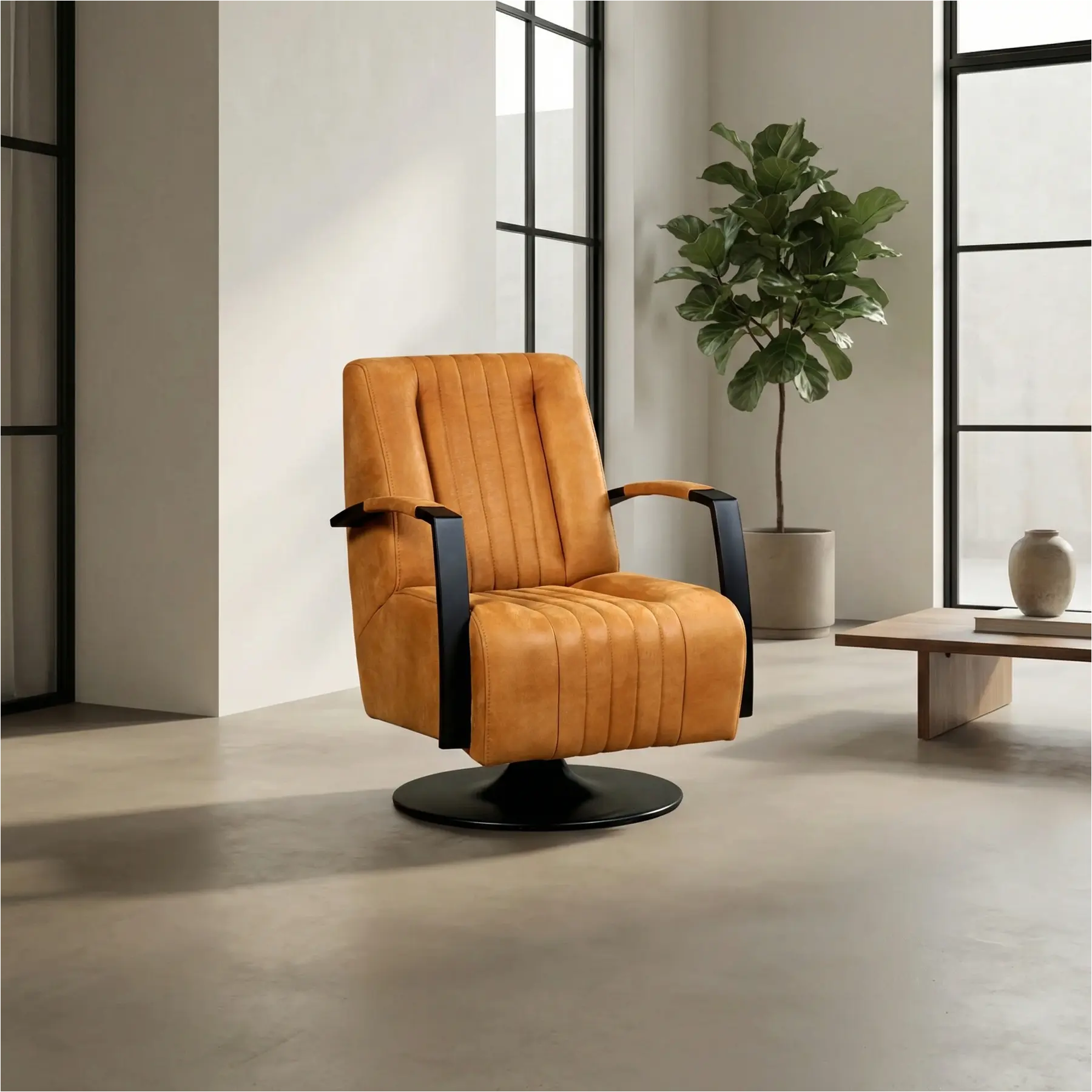 afbeelding van Set van 2 Leren draaifauteuils Galaxy - Kenia Cognac (cognac) - Schotelvoet zwart