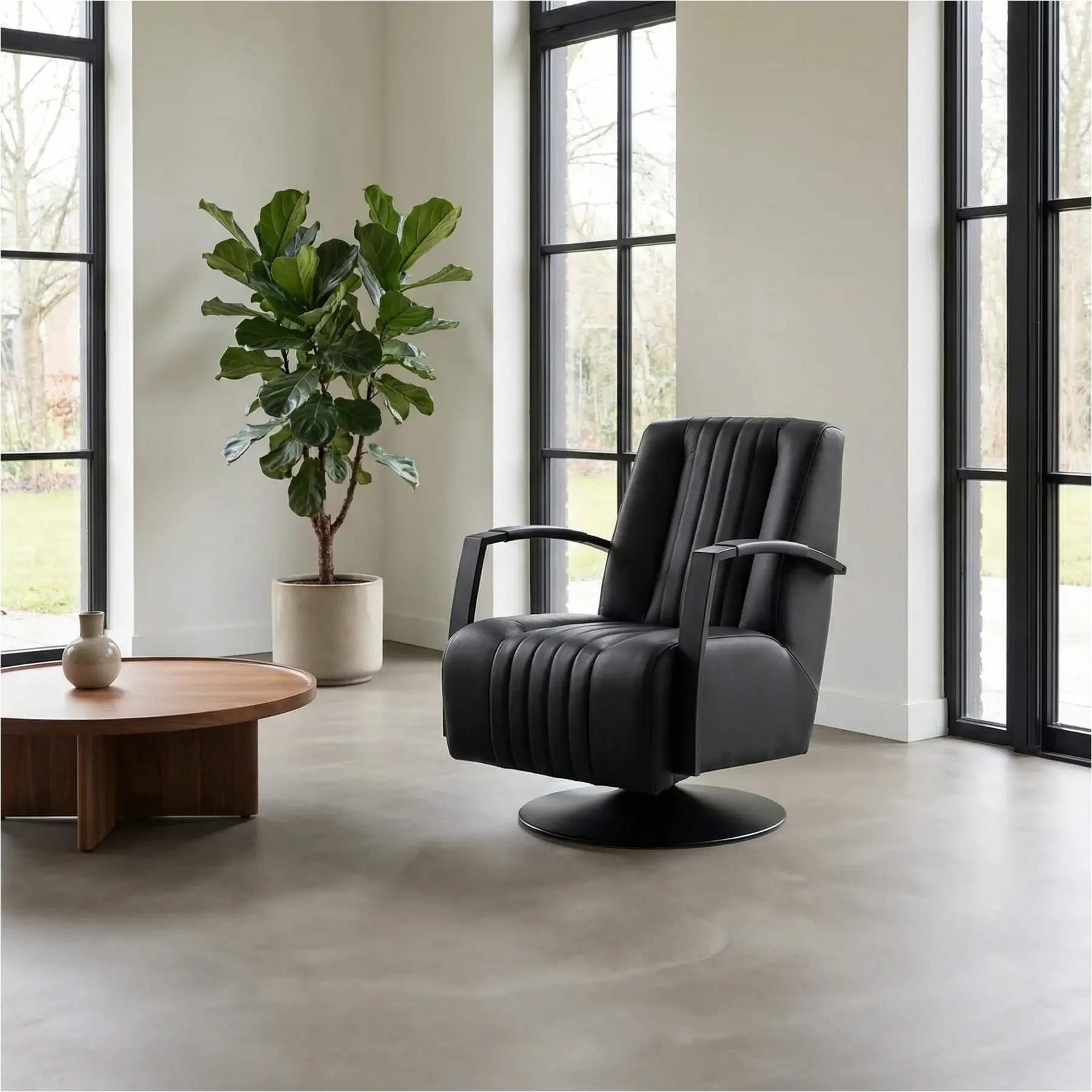 afbeelding van Set van 2 Leren draaifauteuils Galaxy - Toledo Nero (zwart) - Schotelvoet zwart