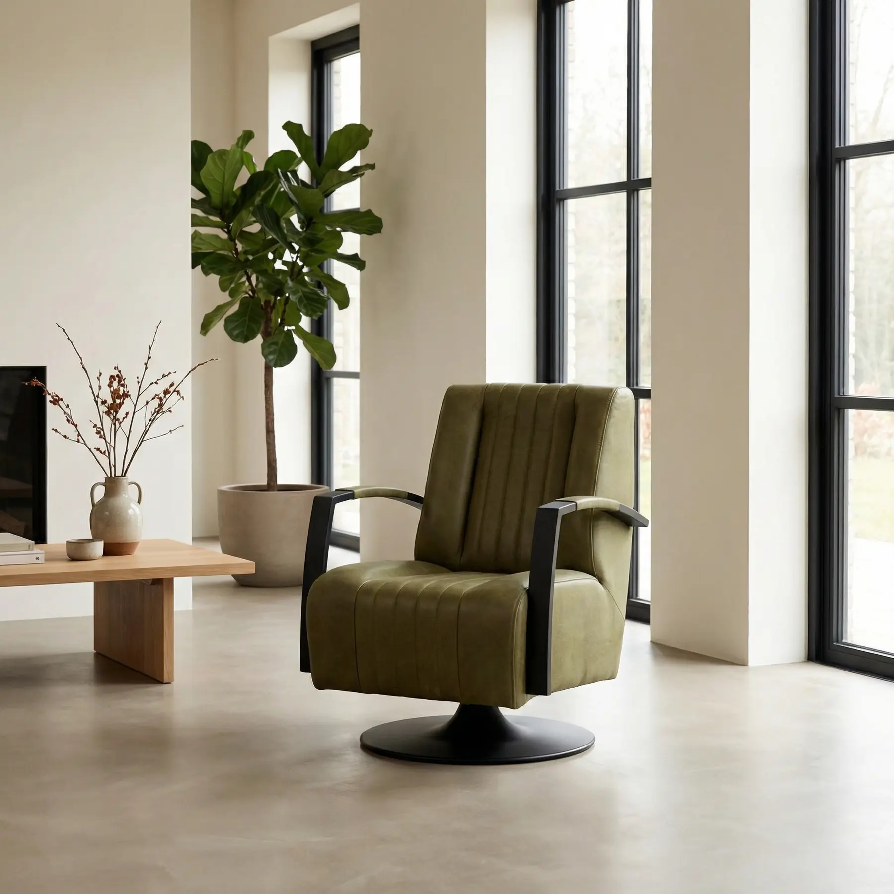 afbeelding van Set van 2 Leren draaifauteuils Galaxy - Vintage Olive (olijf/groen) - Schotelvoet zwart