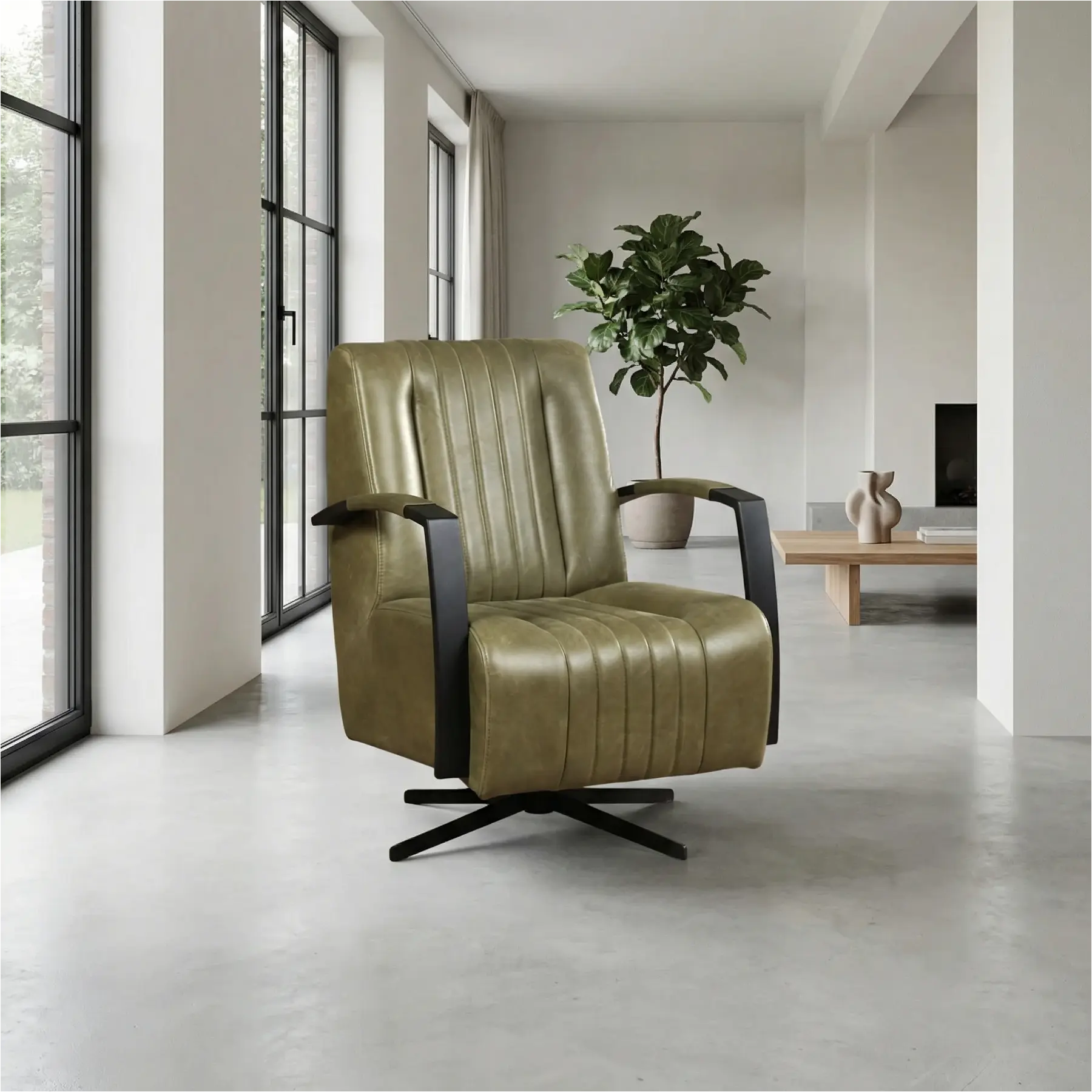 afbeelding van Set van 2 Leren draaifauteuils Galaxy - Vintage Olive (olijf/groen) - Stervoet zwart