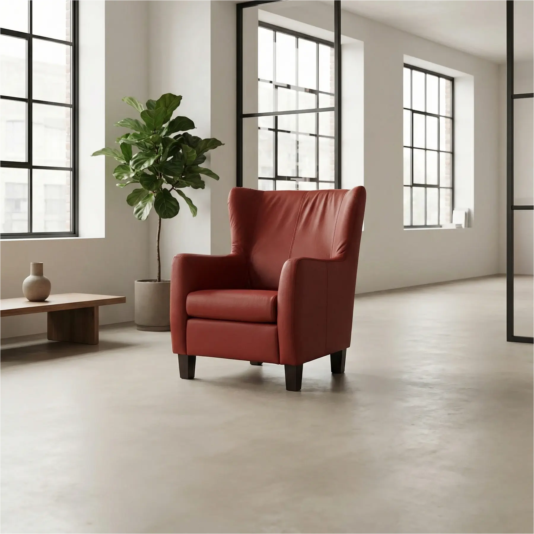 afbeelding van Set van 2 Leren fauteuils Hug - Hermes Red (rood) - Poten hout zwart