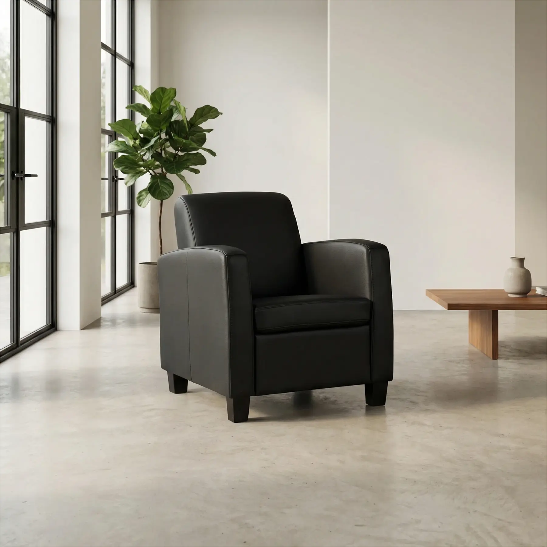 afbeelding van Set van 2 Leren fauteuils Joy - Hermes Nero (zwart) - Poten hout bruin