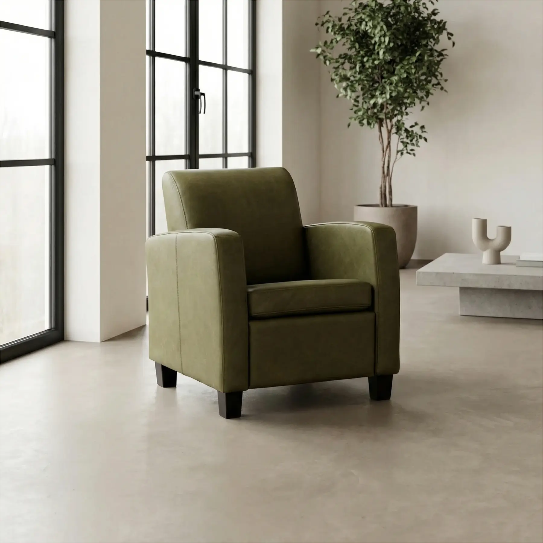 afbeelding van Set van 2 Leren fauteuils Joy - Rancho Green (olijf/groen) - Poten hout zwart