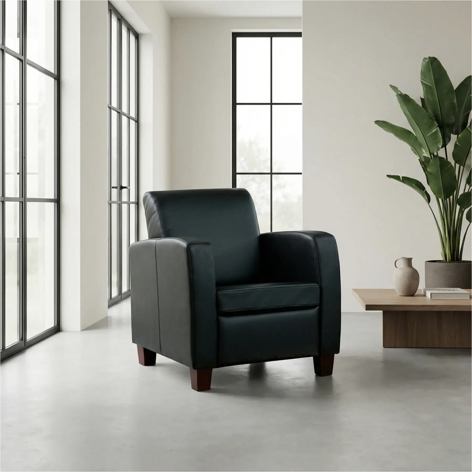 afbeelding van Set van 2 Leren fauteuils Joy - Toledo Nero (zwart) - Poten hout bruin