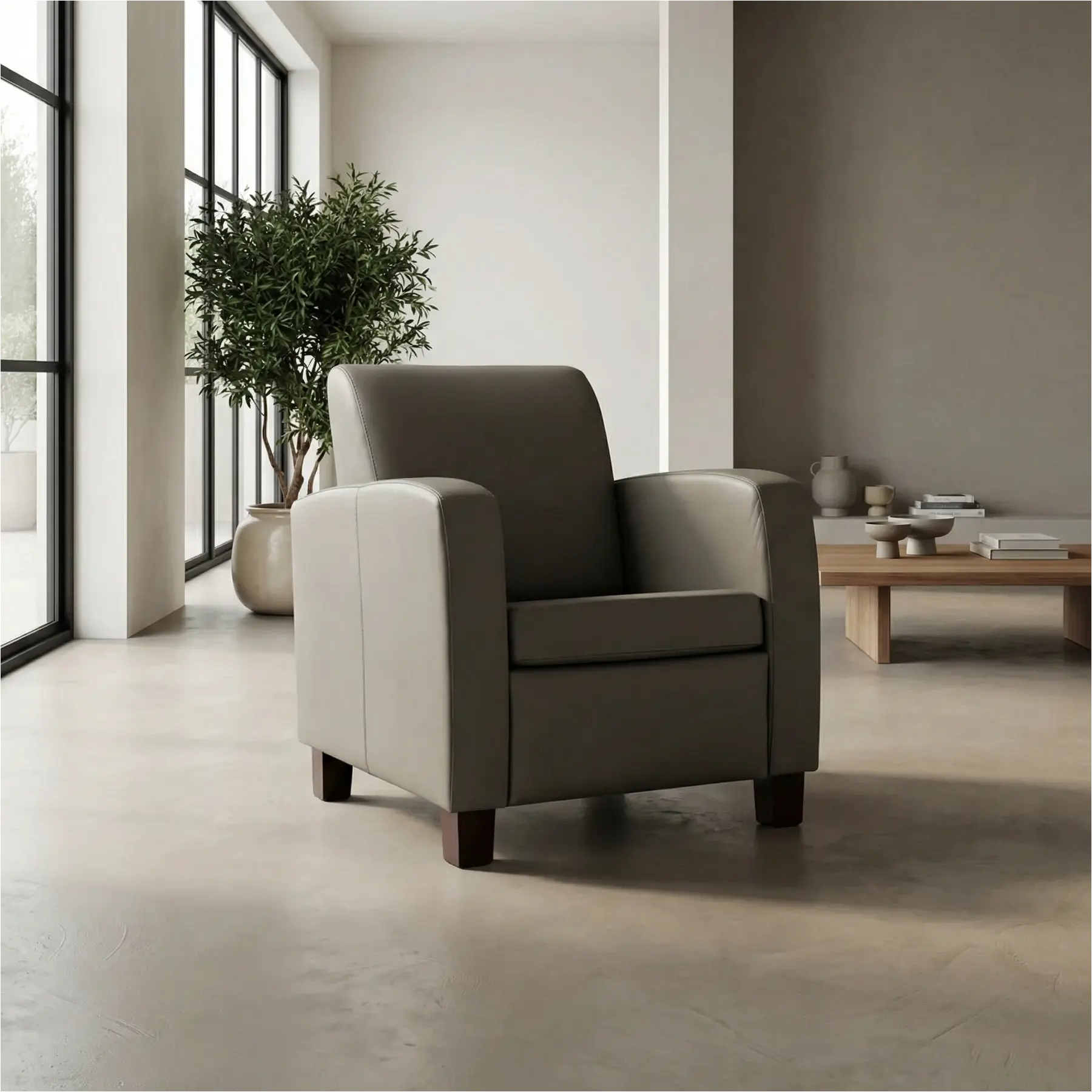 afbeelding van Set van 2 Leren fauteuils Joy - Toledo Smog (grijs) - Poten hout bruin