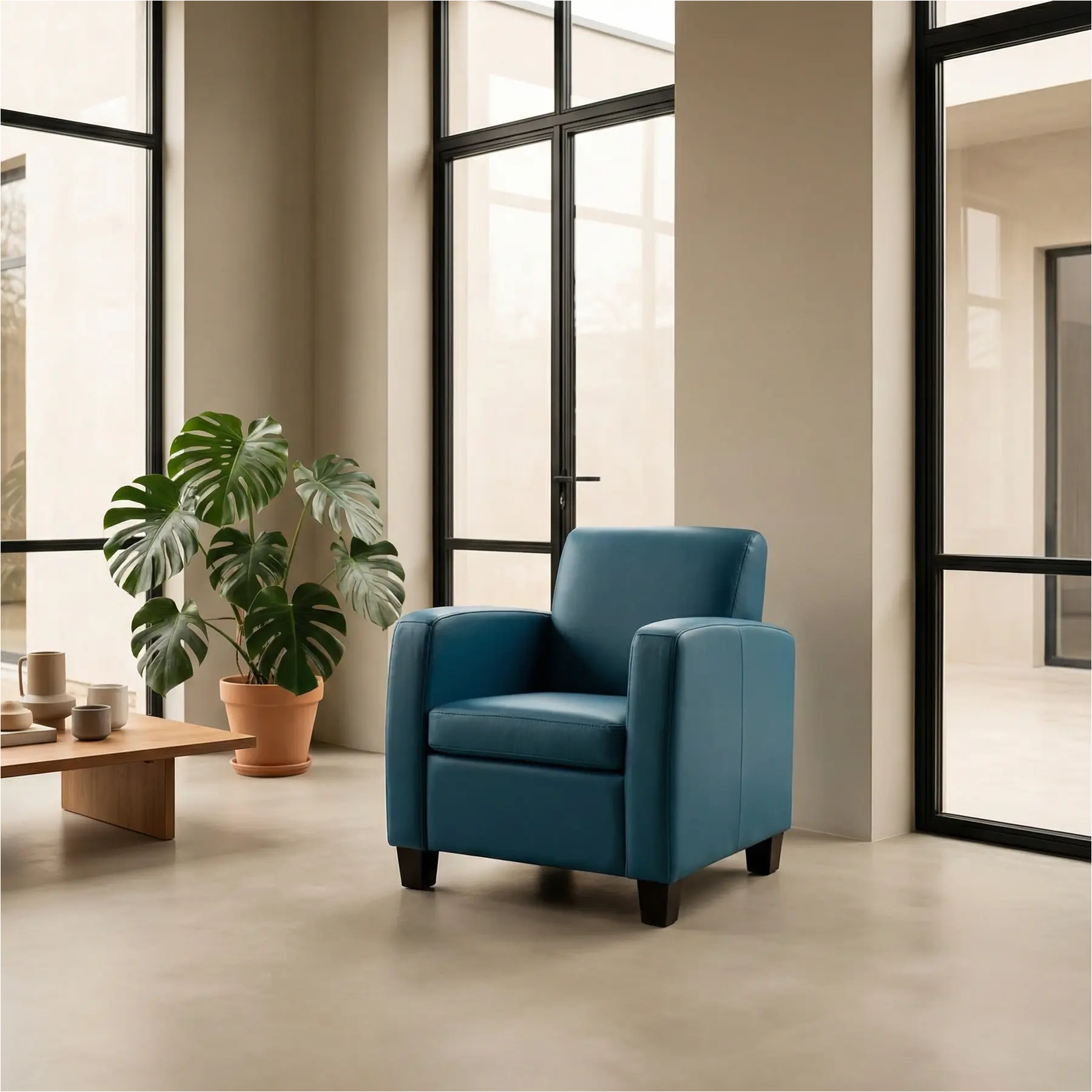 afbeelding van Set van 2 Leren fauteuils Joy - Toledo Turquoise (blauw) - Poten hout bruin