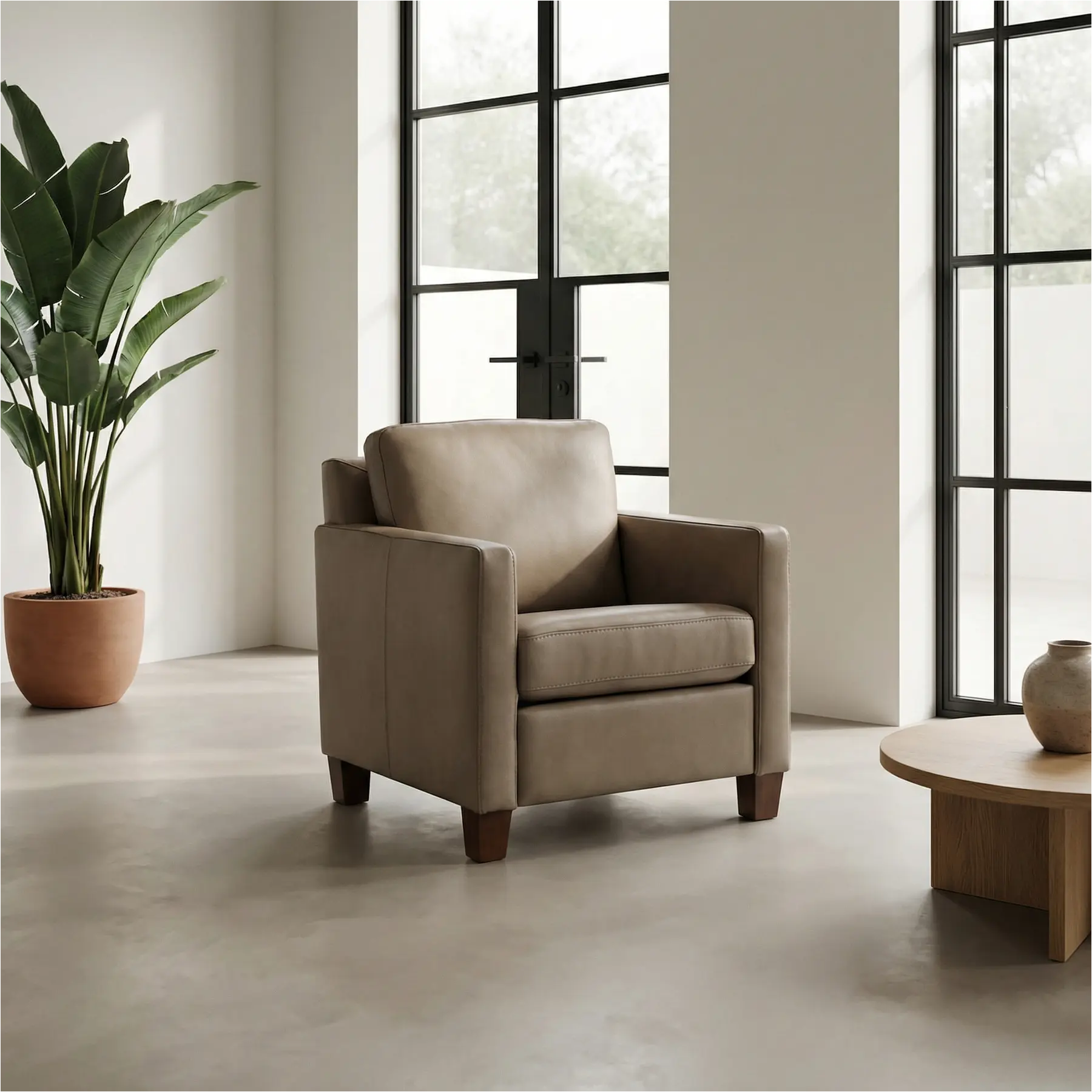 afbeelding van Set van 2 Leren fauteuils Smart - Granada Taupe (taupe/bruin) - Poten hout bruin