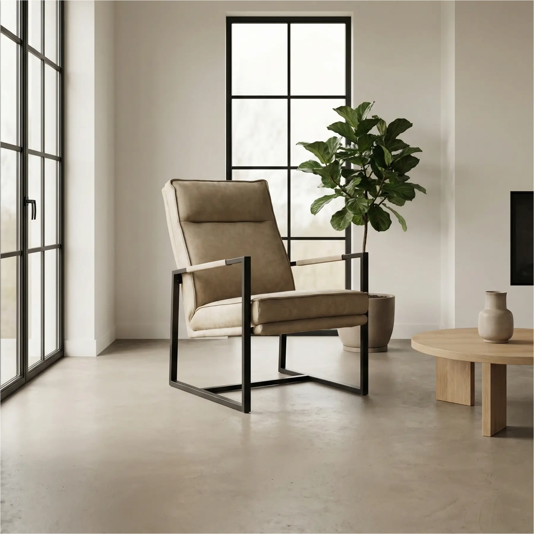 afbeelding van Set van 2 Leren fauteuils Square - Kenia Taupe (taupe/bruin)