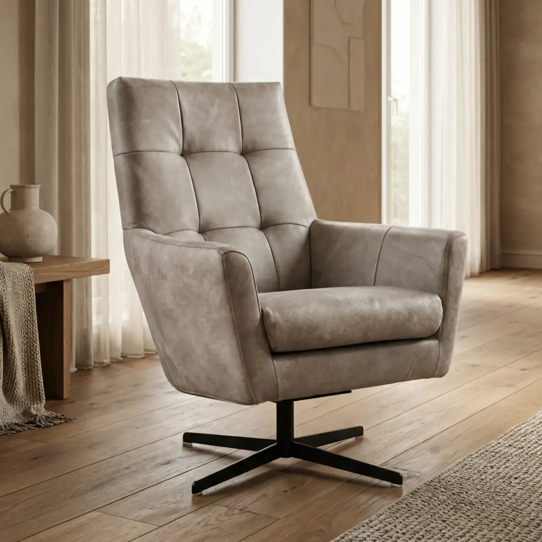 afbeelding van Leren draaifauteuil Central - Kenia Lightgrey (lichtgrijs)