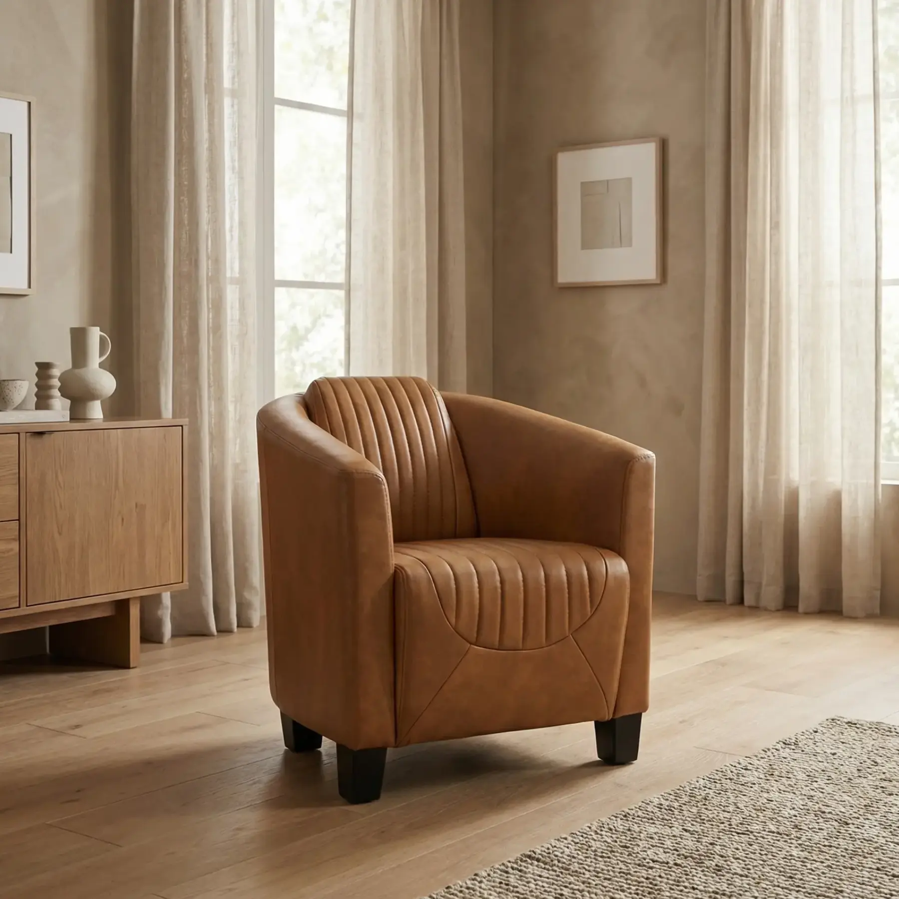 afbeelding van Leren fauteuil Press Special - Vintage Cognac (cognac) - Poten hout zwart