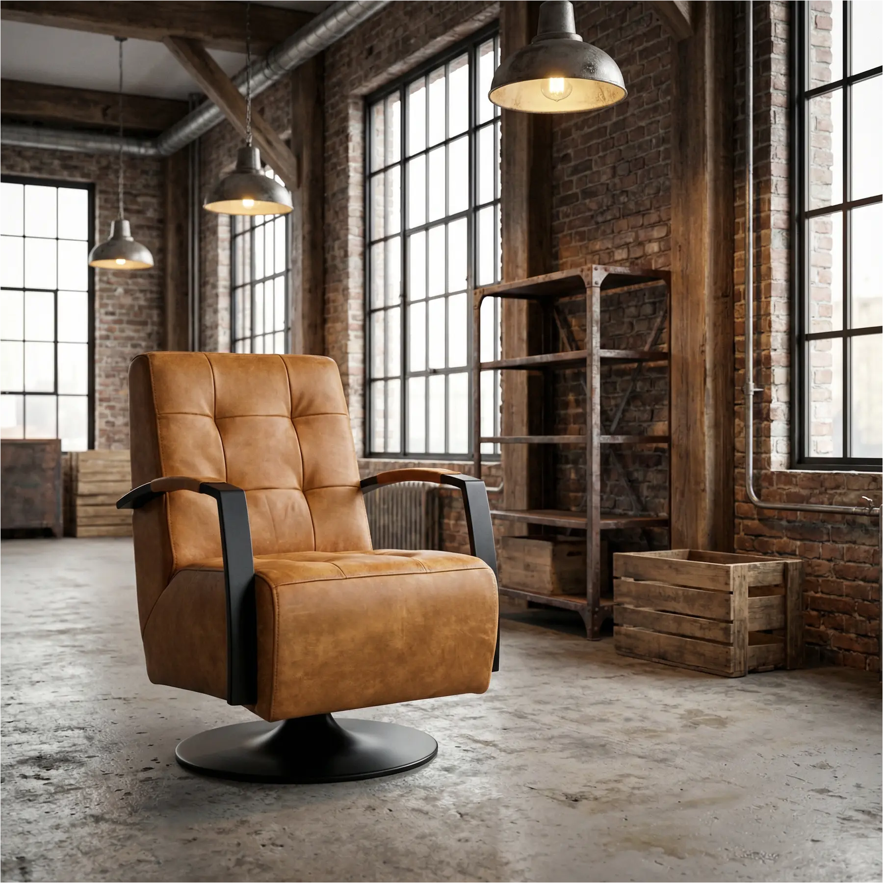 afbeelding van Leren draaifauteuil Mind - Kenia Cognac (cognac) - Schotelvoet zwart