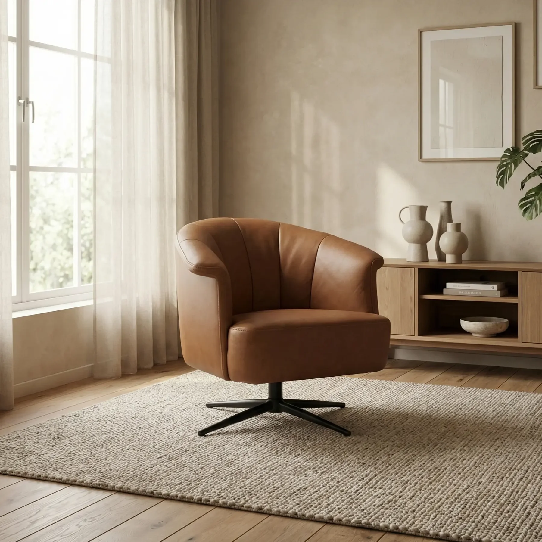 afbeelding van Leren draaifauteuil Embrace - Rancho Cognac (cognac) - stervoet zwart