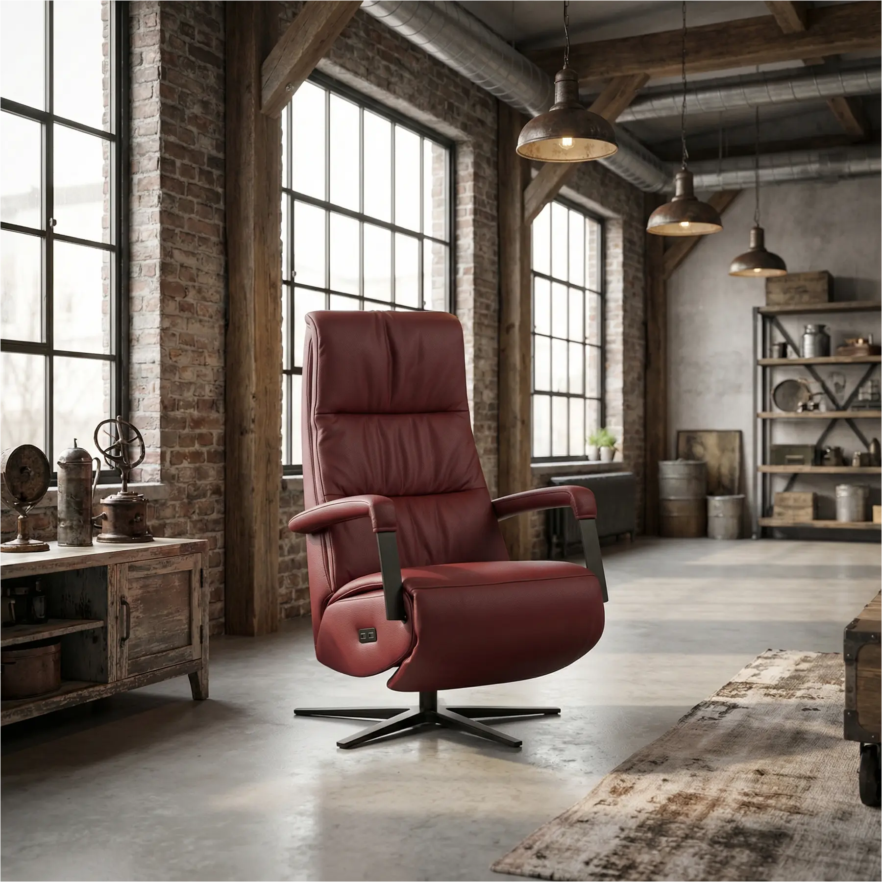 afbeelding van Leren elektrisch relaxfauteuil Core - Massif Rubino (donkerrood) - large - stervoet zwart (breed)