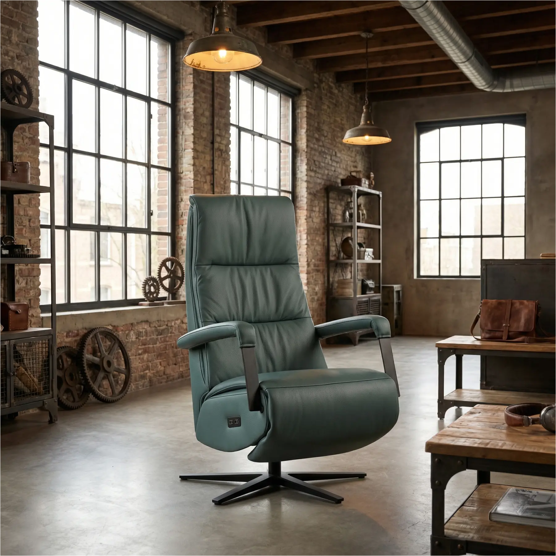 afbeelding van Leren relaxfauteuil met hartbalans Core - Toledo Whale (blauw/grijs) - small - stervoet zwart (breed)