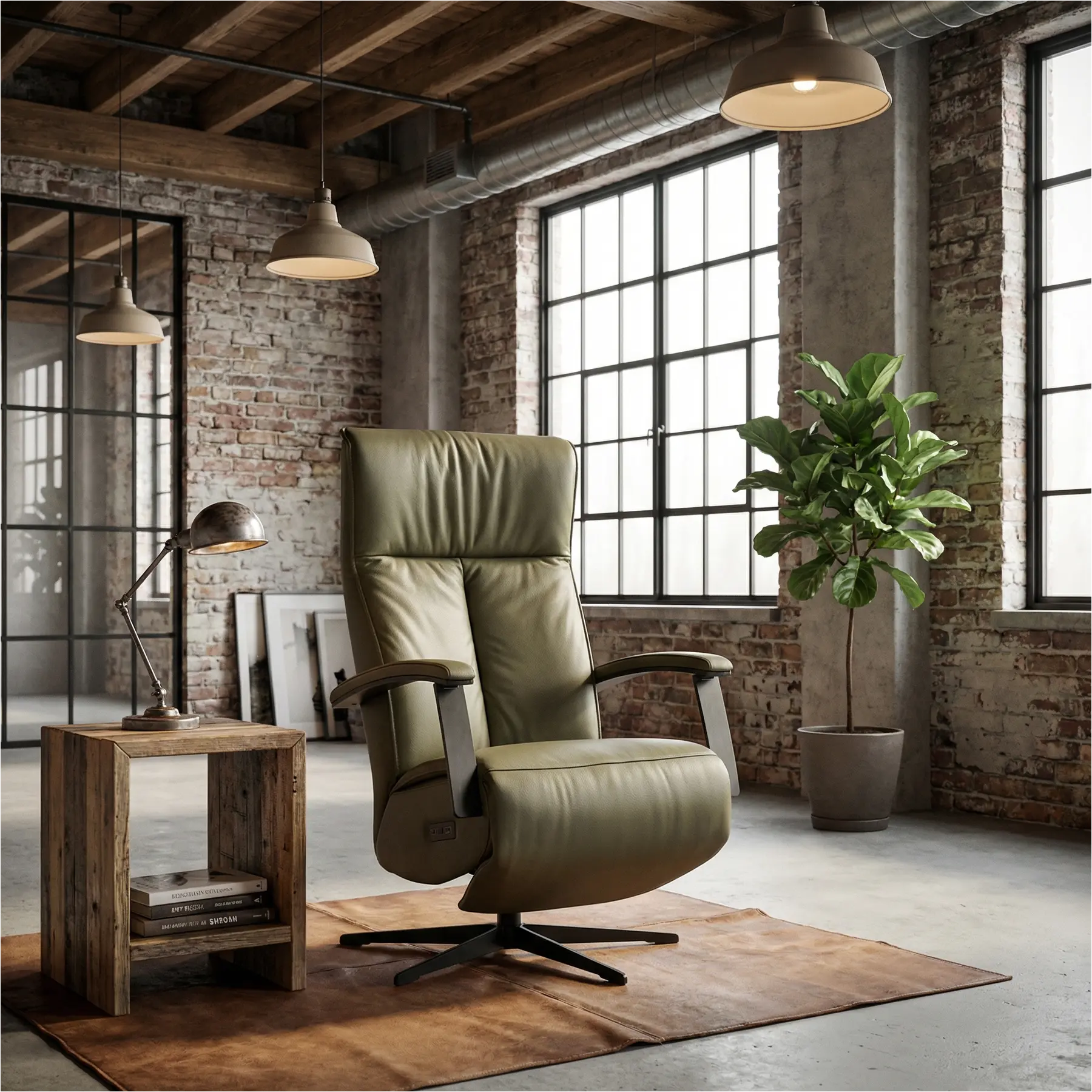 afbeelding van Leren relaxfauteuil met hartbalans Pure - Toledo Olive (olijf/groen) - medium - stervoet zwart (slank)