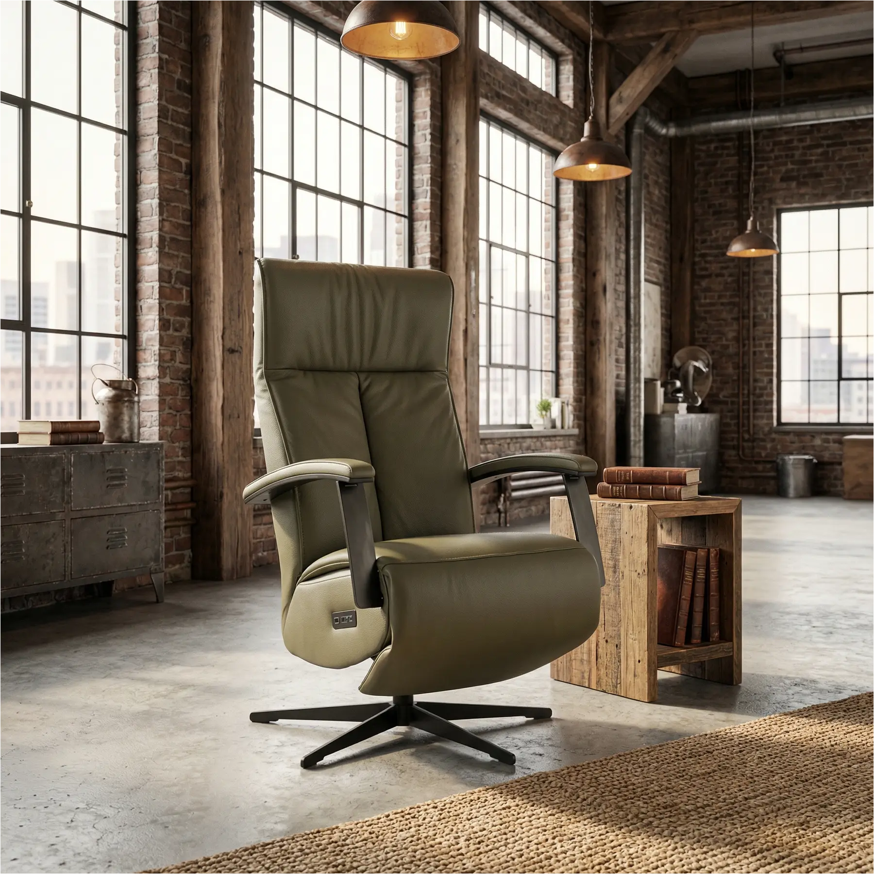 afbeelding van Leren elektrisch relaxfauteuil Pure - Toledo Olive (olijf/groen) - small - stervoet zwart (slank)