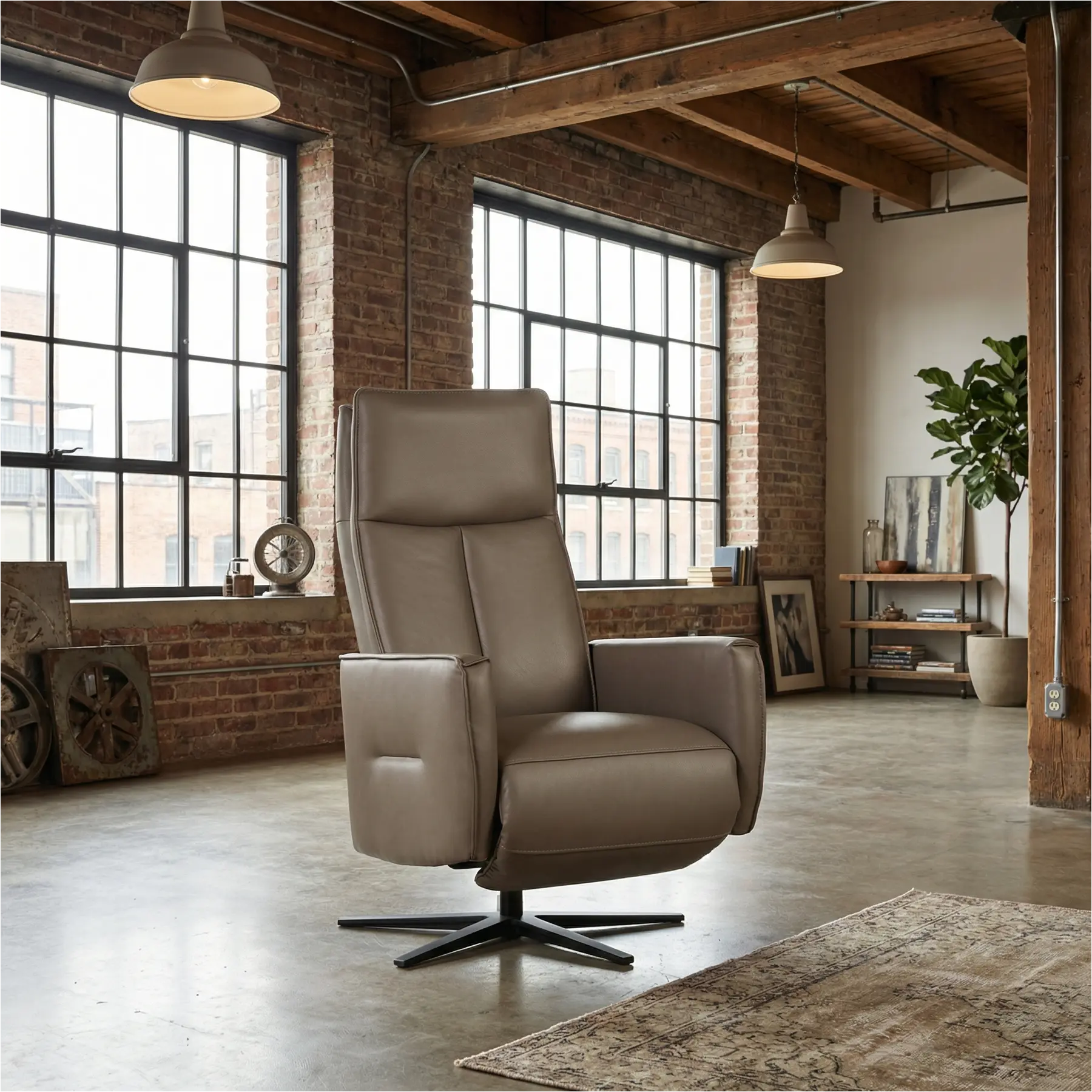 afbeelding van Leren elektrisch relaxfauteuil Honor - Massif Rock (grijs/bruin) - Large - Schotelvoet zwart