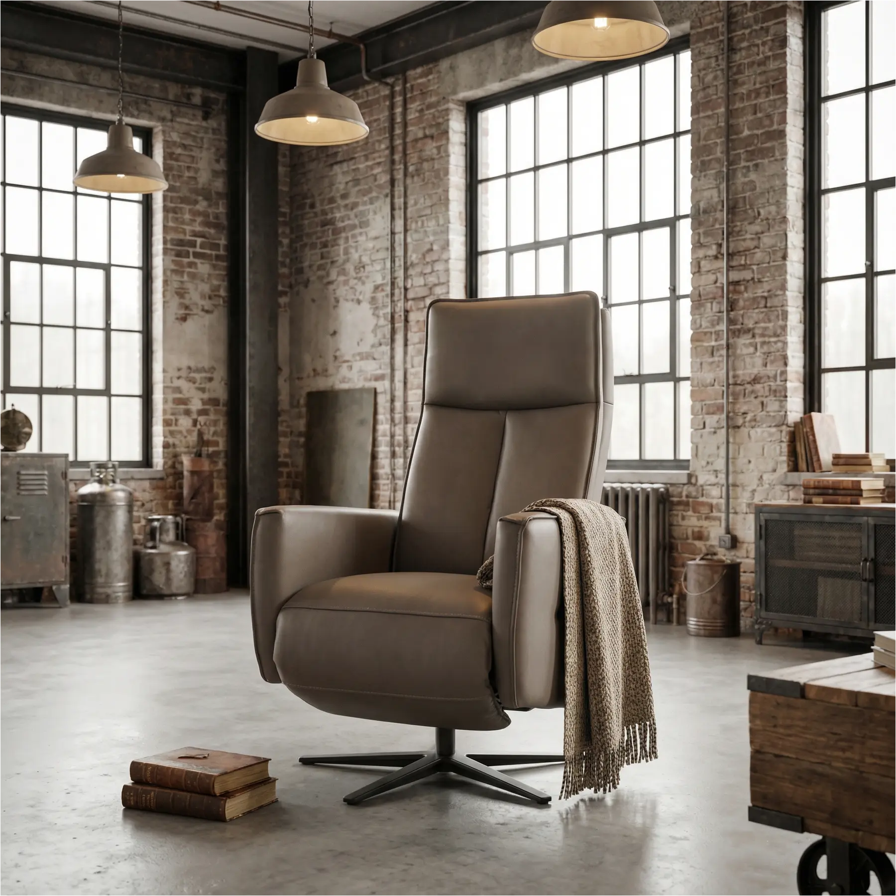 afbeelding van Leren elektrisch relaxfauteuil Honor - Massif Rock (grijs/bruin) - Medium - Schotelvoet zwart