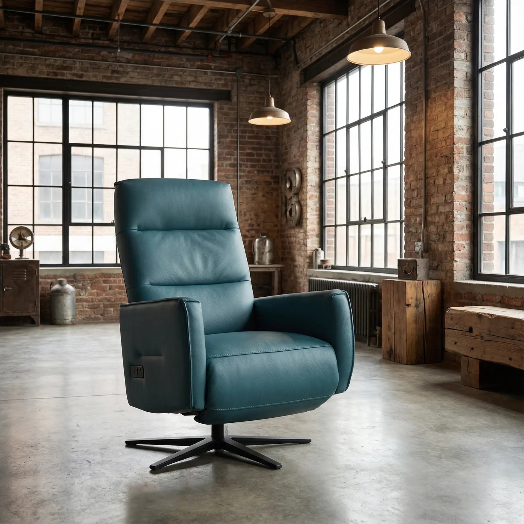 afbeelding van Leren elektrisch relaxfauteuil Pride - Toledo Turquoise (blauw) - Medium - Schotelvoet zwart