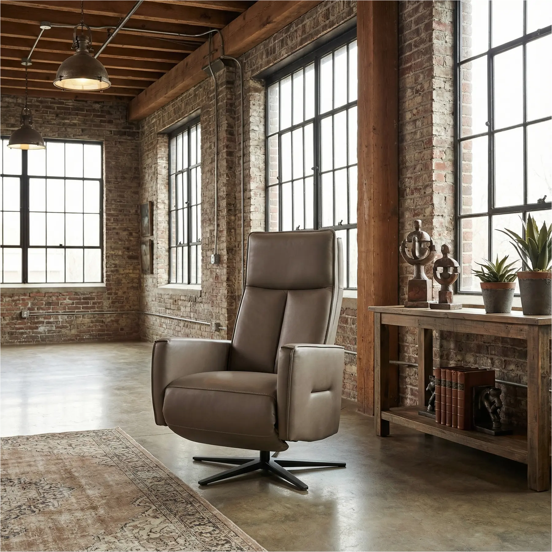 afbeelding van Leren handmatige relaxfauteuil Honor - Massif Rock (grijs/bruin) - Large - Schotelvoet zwart