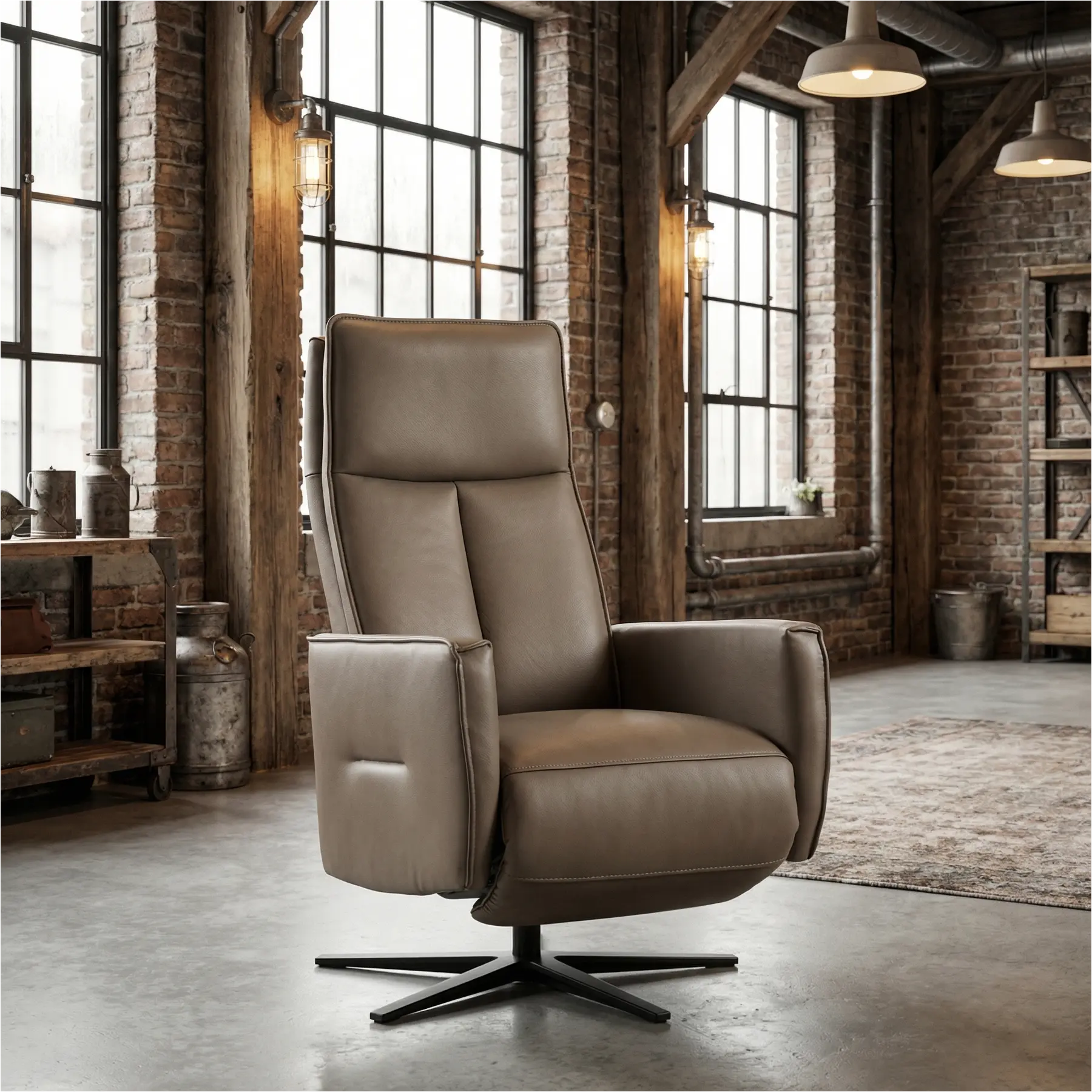 afbeelding van Leren handmatige relaxfauteuil Honor - Massif Rock (grijs/bruin) - Medium - Schotelvoet zwart