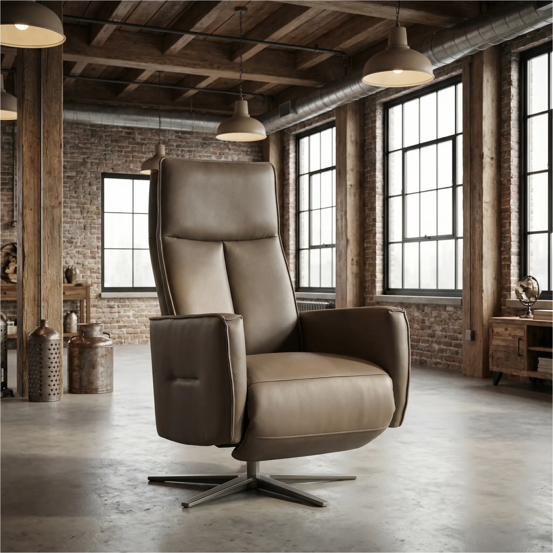 afbeelding van Leren handmatige relaxfauteuil Honor - Massif Rock (grijs/bruin) - Small - Schotelvoet zwart