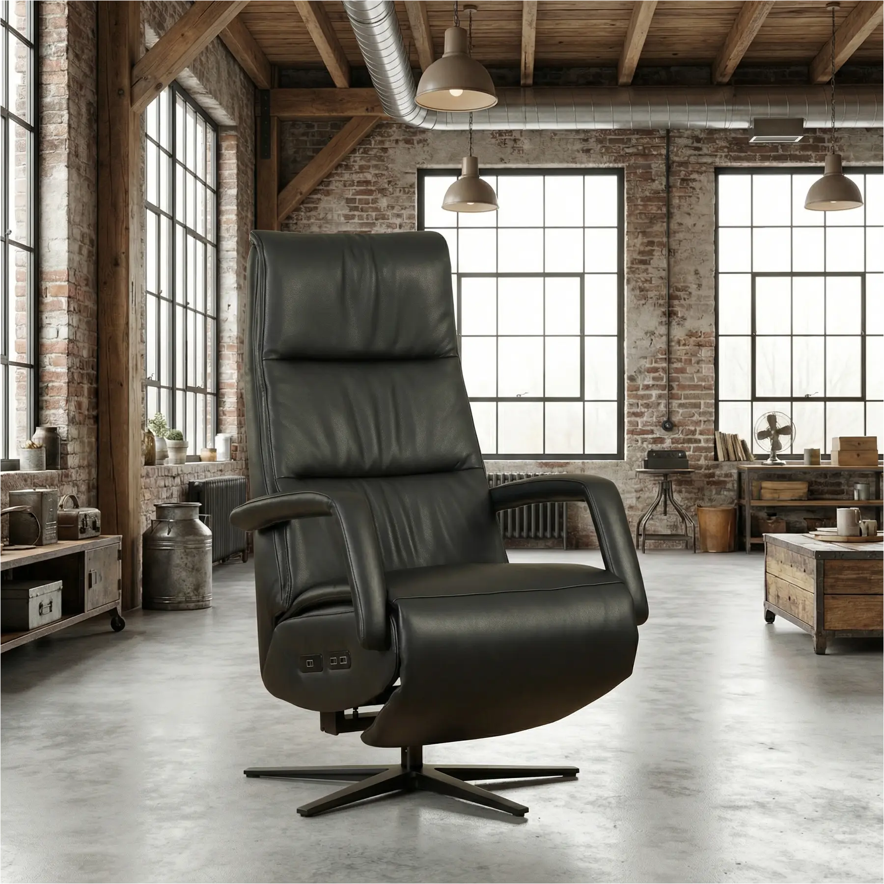 afbeelding van Leren elektrisch relaxfauteuil Calm - Massif Nero (zwart) - medium - stervoet zwart (breed)
