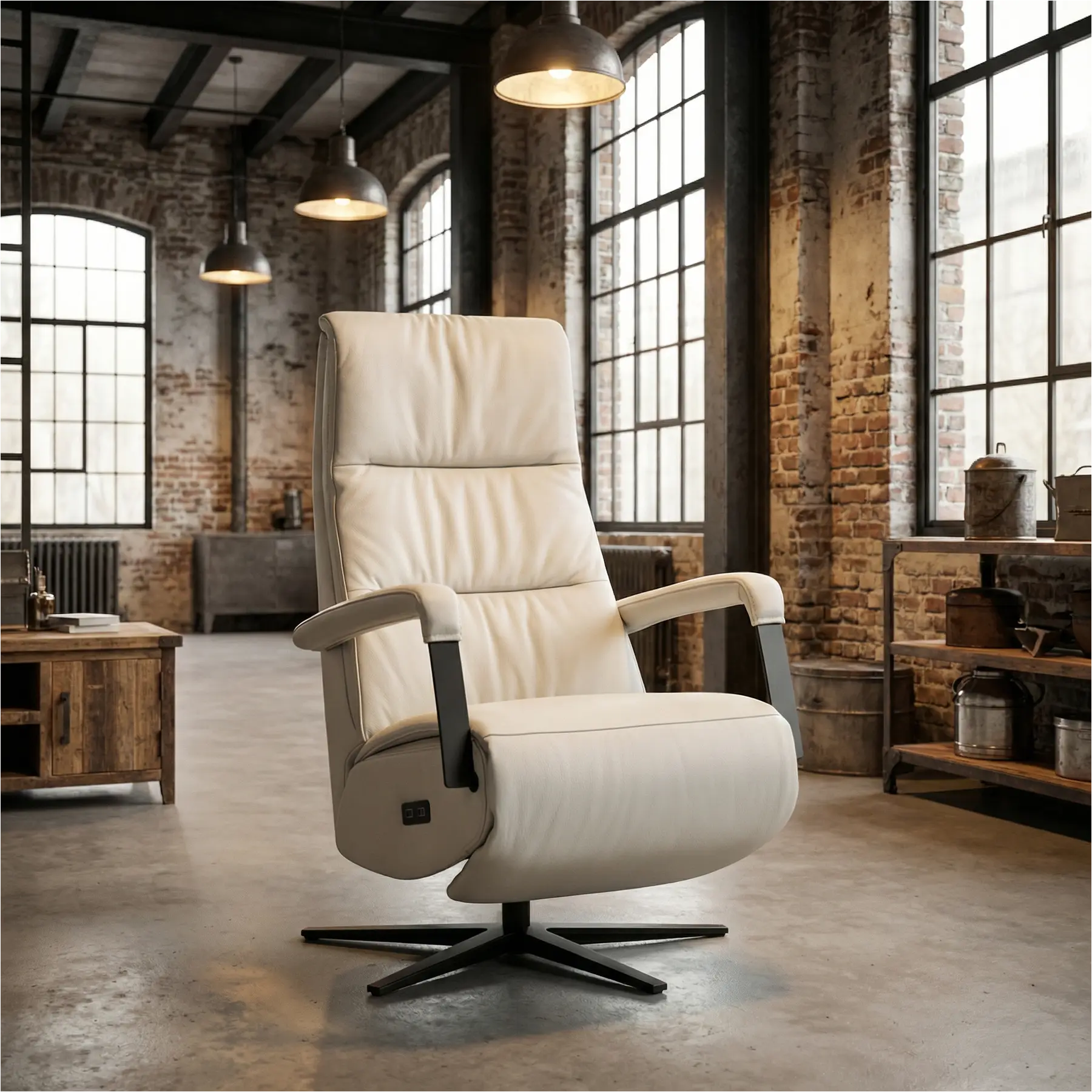 afbeelding van Leren elektrisch relaxfauteuil Core - Toledo Nebbia (creme) - large - stervoet zwart (breed)