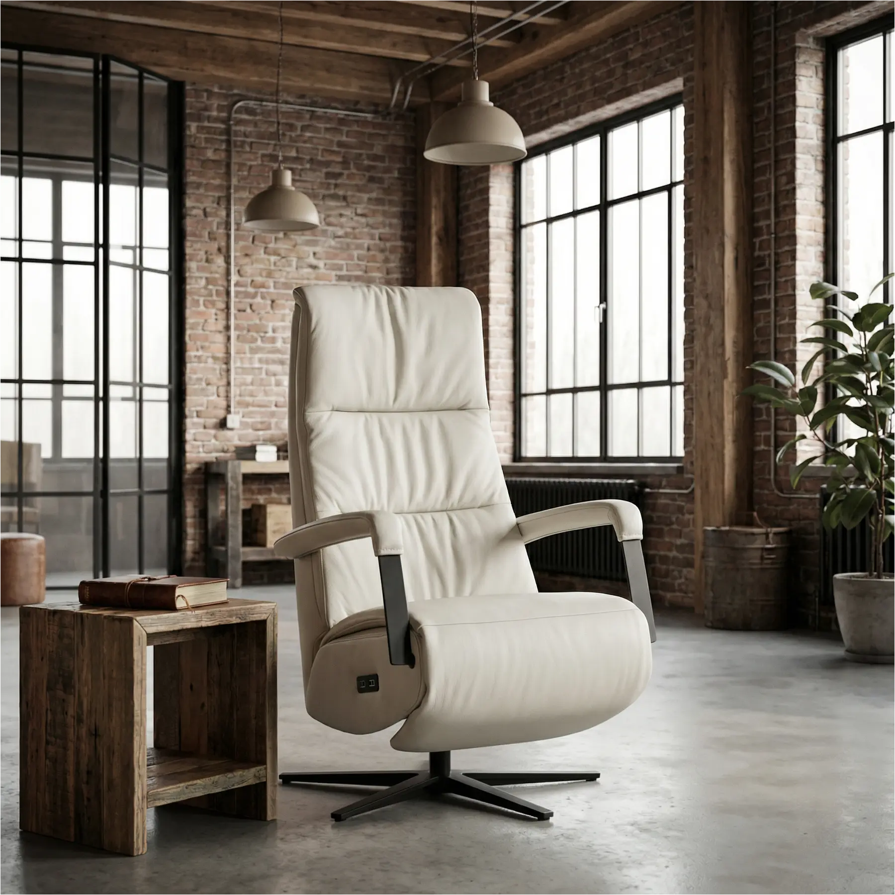 afbeelding van Leren elektrisch relaxfauteuil Core - Toledo Nebbia (creme) - medium - stervoet zwart (breed)