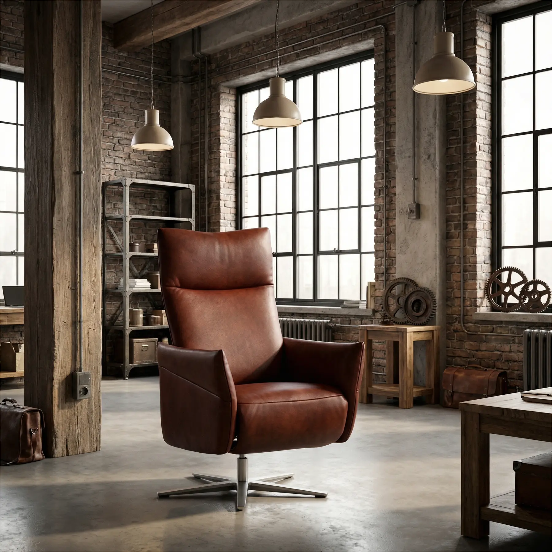 afbeelding van Leren relaxfauteuil Ease - Granada Cognac (donkercognac) - Large (zithoogte 49cm) - Stervoet RVS