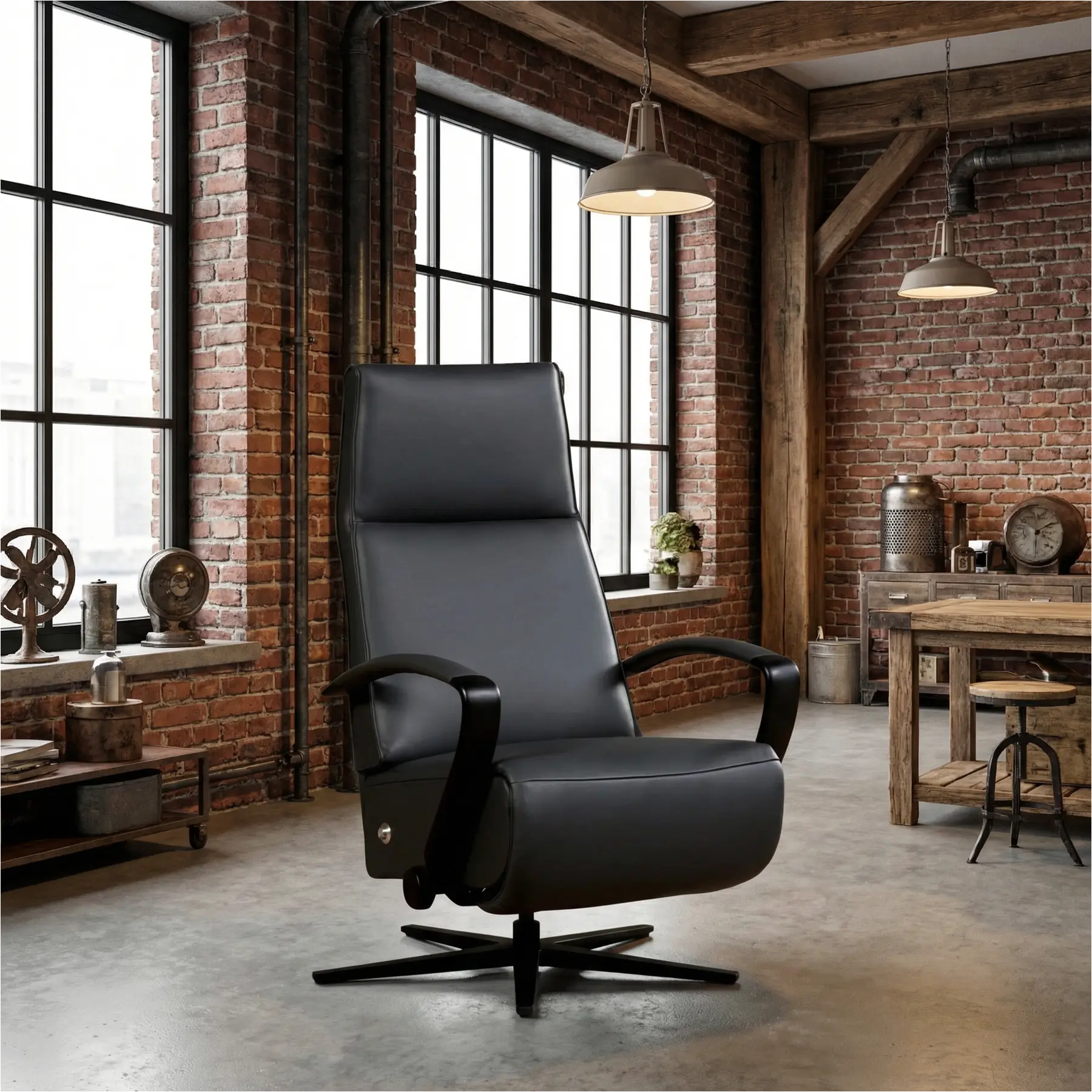 afbeelding van Leren relaxfauteuil Idol elektrisch - Massif Graphite (donkergrijs) - Medium (zithoogte 46cm) - Stervoet zwart