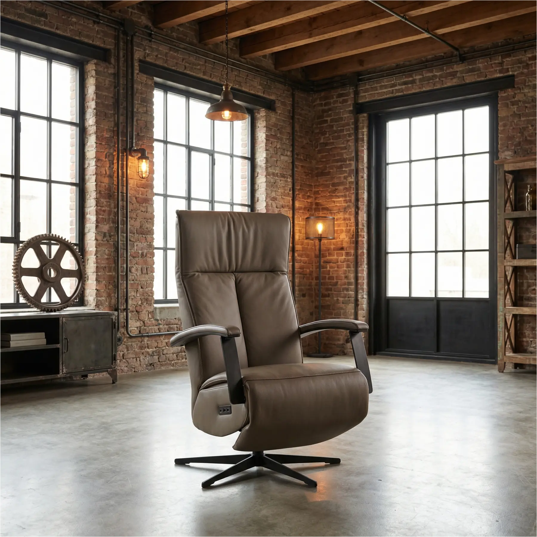 afbeelding van Leren elektrisch relaxfauteuil Pure - Toledo Moss (bruin/groen) - medium - stervoet zwart (slank)