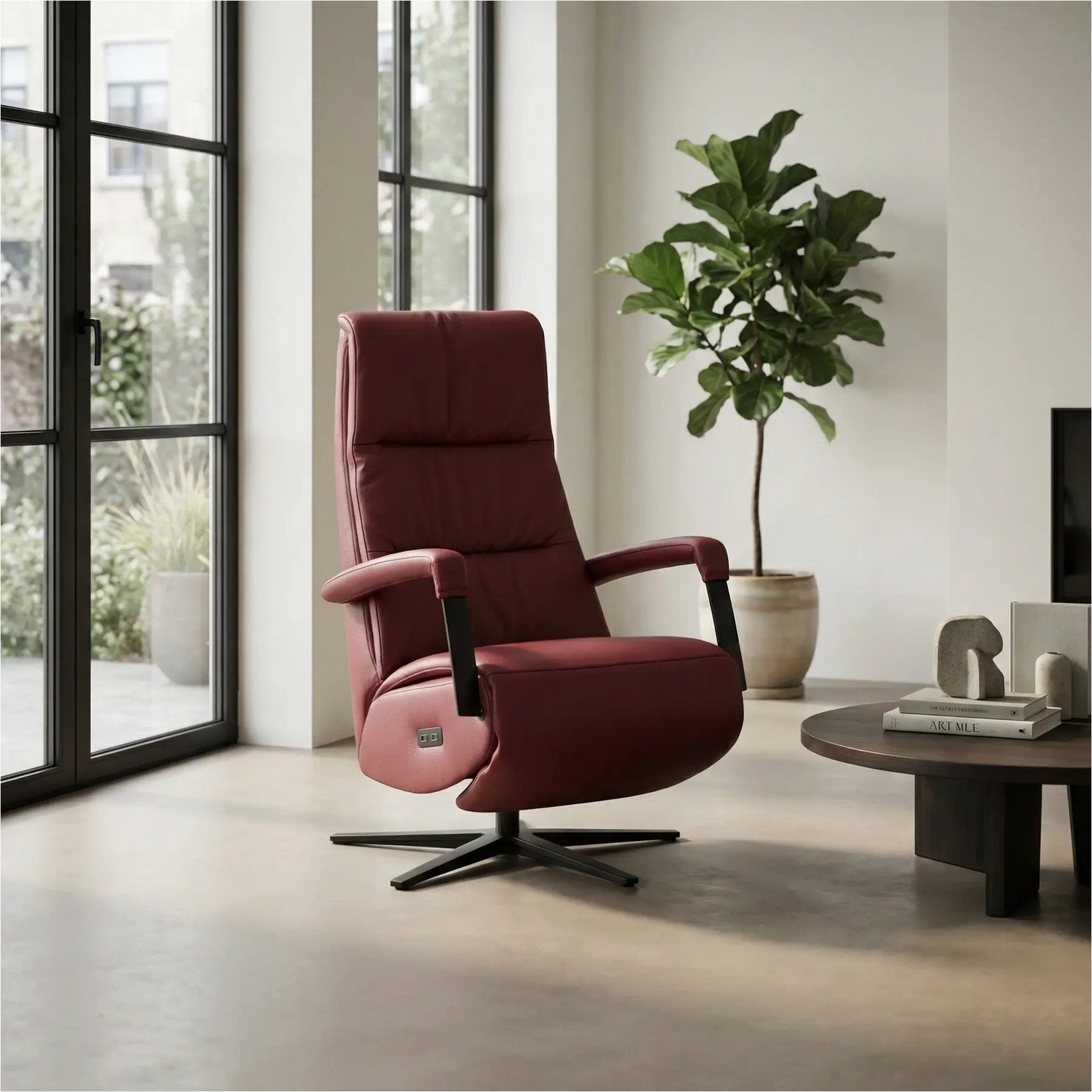 afbeelding van Leren elektrisch relaxfauteuil Core - Massif Rubino (donkerrood) - large - stervoet zwart (breed)