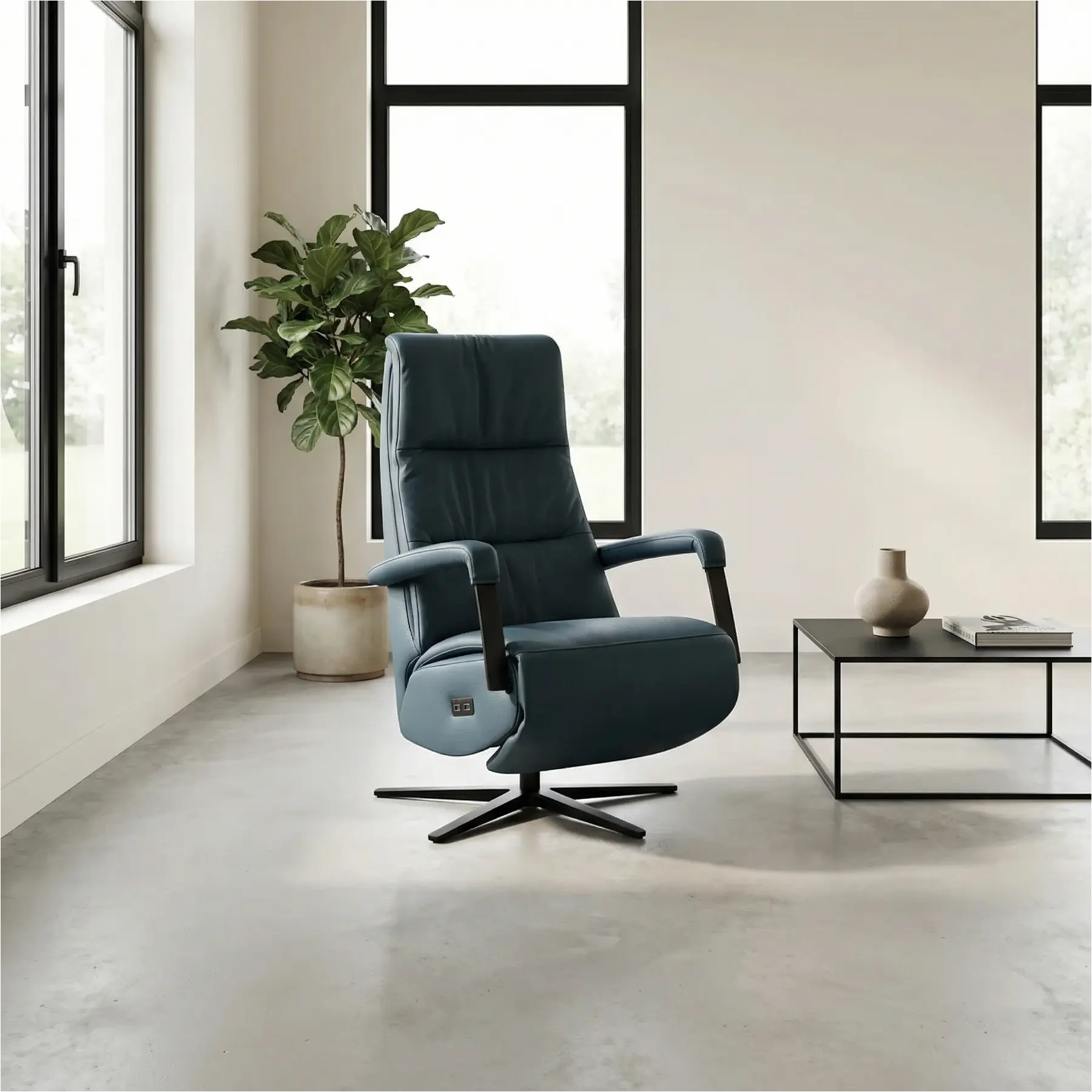 afbeelding van Leren elektrisch relaxfauteuil Core - Toledo Whale (blauw/grijs) - medium - stervoet zwart (breed)