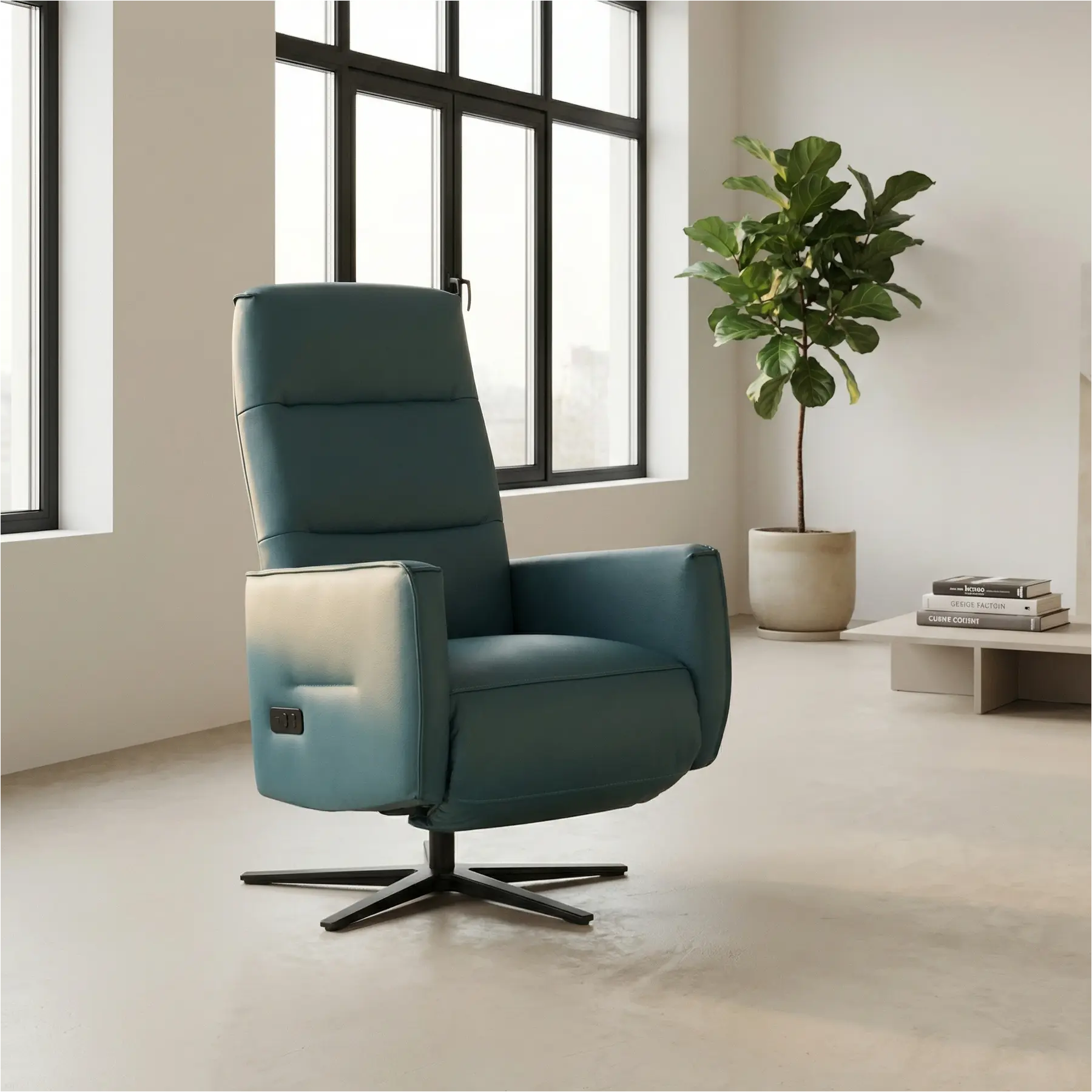 afbeelding van Leren elektrisch relaxfauteuil Pride - Toledo Turquoise (blauw) - Medium - Schotelvoet zwart