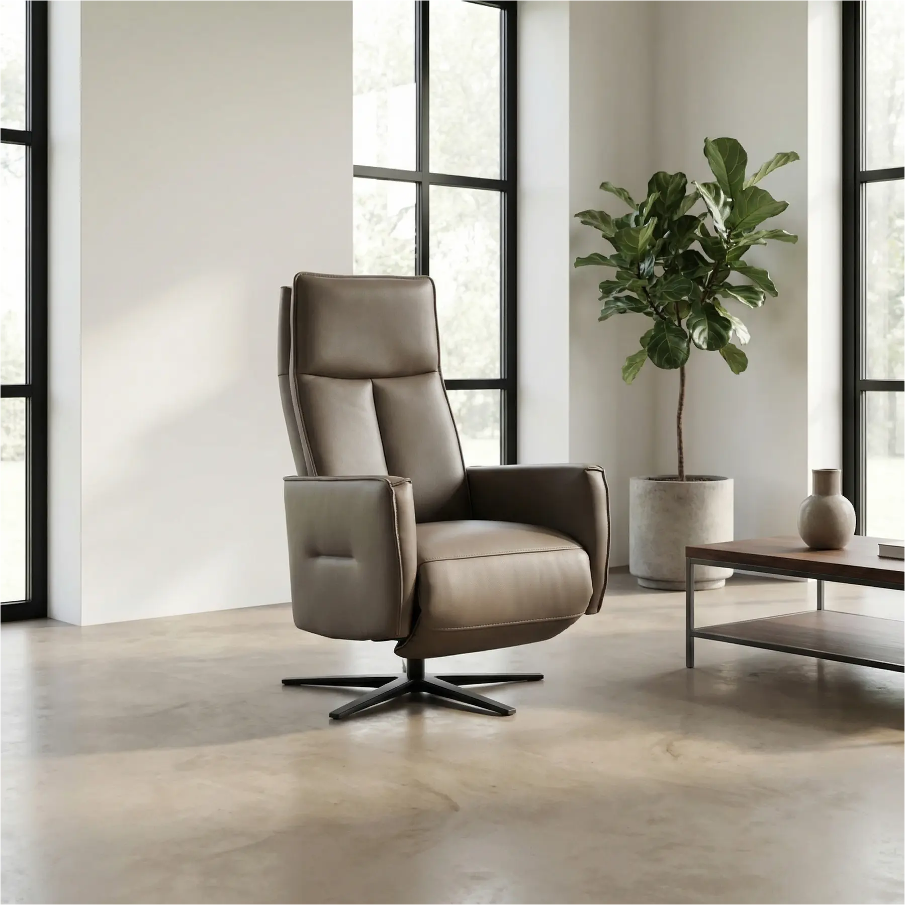 afbeelding van Leren handmatige relaxfauteuil Honor - Massif Rock (grijs/bruin) - Large - Schotelvoet zwart